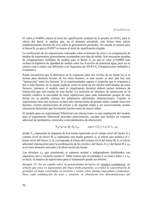 Estadísticas
94
El valor p<0.0004, menor al nivel de significación nominal de la prueba (=0.05), para el
efecto del factor A implica que, en el dominio estudiado, este factor tiene efecto
estadísticamente distinto de cero sobre la germinación promedio. No sucede lo mismo para
el factor B, ya que p=0.0997 es mayor al nivel de significación elegido.
La verificación de las suposiciones realizadas sobre el término de error y la comparación de
medias de tratamientos generalmente acompañan este tipo de salida. Son necesarias pruebas
de comparaciones múltiples de medias para el factor A, ya que el valor p=0.0004 solo
rechaza la hipótesis de igualdad de medias entre los 4 niveles de potencial agua, pero no se
conoce cual o cuales son diferentes (ver Supuestos de ANAVA, Comparaciones múltiples y
Contrastes).
Puede encontrarse que la diferencia en la respuesta entre dos niveles de un factor no es la
misma para distintos niveles de los otros factores, si esto ocurre se dice que hay una
“interacción” entre los factores. Si el experimentador supone o sospecha que la respuesta a
dos o más factores no se puede explicar como la suma de los efectos individuales de estos
factores, entonces el modelo para el experimento factorial deberá incluir términos de
interacción que den cuenta de este hecho. La inclusión de términos de interacción en el
modelo conlleva la necesidad de tener repeticiones para cada tratamiento porque de otra
forma no es posible estimar los parámetros adicionales (interacciones). Cuando el
experimento tiene dos factores, existen sólo interacciones de primer orden, cuando tiene tres
factores, existen interacciones de primer y de segundo orden y así sucesivamente existen
estructuras factoriales que involucran interacciones de mayor orden.
El modelo para un experimento bifactorial con interacciones es una ampliación del modelo
para el experimento bifactorial descripto anteriormente, excepto que incluye un conjunto
adicional de parámetros, conocidos como parámetros de interacción:
Yijk=+i+j+ij+ijk con i=1,2; j=1,2; k=1,..,nij
donde Yijk representa la respuesta de la k-ésima repetición en el i-ésimo nivel del factor A y
j-ésimo nivel de factor B,  representa una media general, i el efecto que produce el i-
ésimo nivel del factor A, j corresponde al efecto del j-ésimo nivel del factor B, ij el efecto
adicional (interacción) para la combinación de los niveles i del factor A y j del factor B y ijk
es el error aleatorio asociado a la observación ijk-ésima.
Los términos ijk que usualmente se suponen normal e independiente distribuidos con
esperanza cero y varianza común 2
. Debe notarse que el subíndice k se mueve entre 1 y nij,
es decir, el número de repeticiones para el tratamiento puede ser distinto.
Ejemplo 15: En un estudio sobre la potencialidad forrajera de Atriplex cordobensis, un
arbusto que crece en depresiones del chaco árido argentino, se evaluó la concentración de
proteínas en hojas cosechadas en invierno y verano sobre plantas masculinas y femeninas.
Para cada combinación de sexo y estación, se obtuvieron tres determinaciones del
 
