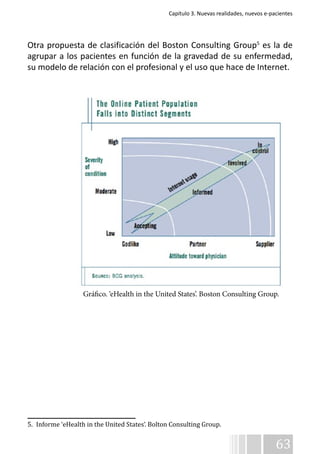 Capítulo 3. Nuevas realidades, nuevos e-pacientes 
Otra propuesta de clasificación del Boston Consulting Group5 es la de 
agrupar a los pacientes en función de la gravedad de su enfermedad, 
su modelo de relación con el profesional y el uso que hace de Internet. 
Gráfico. ‘eHealth in the United States’. Boston Consulting Group. 
63 
5. Informe ‘eHealth in the United States’. Bolton Consulting Group. 
 
