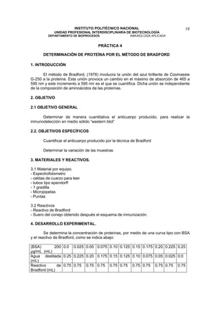 INSTITUTO POLITÉCNICO NACIONAL                             18
             UNIDAD PROFESIONAL INTERDISCIPLINARIA DE BIOTECNOLOGÍA
          DEPARTAMENTO DE BIOPROCESOS                   INMUNOLOGÍA APLICADA


                                      PRÁCTICA 4

       DETERMINACIÓN DE PROTEÍNA POR EL MÉTODO DE BRADFORD

1. INTRODUCCIÓN

       El método de Bradford, (1976) involucra la unión del azul brillante de Coomassie
G-250 a la proteína. Esta unión provoca un cambio en el máximo de absorción de 465 a
595 nm y este incremento a 595 nm es el que se cuantifica. Dicha unión es independiente
de la composición de aminoácidos de las proteínas.

2. OBJETIVO

2.1 OBJETIVO GENERAL

      Determinar de manera cuantitativa el anticuerpo producido, para realizar la
inmunodetección en medio sólido “western blot”

2.2. OBJETIVOS ESPECÍFICOS

       Cuantificar el anticuerpo producido por la técnica de Bradford

       Determinar la variación de las muestras

3. MATERIALES Y REACTIVOS.

3.1 Material por equipo.
- Espectrofotometro
- celdas de cuarzo para leer
- tubos tipo ependorff
- 1 gradilla
- Micropipetas
- Puntas

3.2 Reactivos
- Reactivo de Bradford
- Suero del conejo obtenido después el esquema de inmunización.

4. DESARROLLO EXPERIMENTAL.

        Se determina la concentración de proteínas, por medio de una curva tipo con BSA
y el reactivo de Bradford, como se indica abajo:

(BSA)       200 0.0 0.025 0.05 0.075 0.10 0.125 0.15 0.175 0.20 0.225 0.25
µg/mL (mL)
Agua destilada 0.25 0.225 0.20 0.175 0.15 0.125 0.10 0.075 0.05 0.025 0.0
(mL)
Reactivo      de 0.75 0.75 0.75 0.75 0.75 0.75 0.75 0.75 0.75 0.75 0.75
Bradford (mL)
 