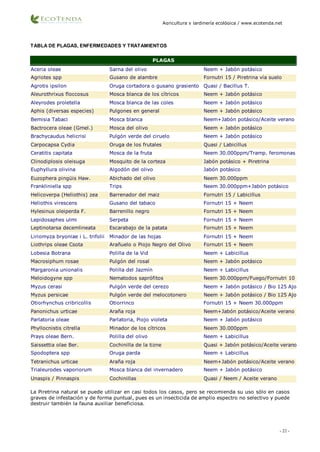 22
- 22 -
Agricultura y jardinería ecológica / www.ecotenda.net
TABLA DE PLAGAS, ENFERMEDADES Y TRATAMIENTOS
PLAGAS
Aceria oleae Sarna del olivo Neem + Jabón potásico
Agriotes spp Gusano de alambre Fornutri 15 / Piretrina vía suelo
Agrotis ipsilon Oruga cortadora o gusano grasiento Quasi / Bacillus T.
Aleurothrixus floccosus Mosca blanca de los cítricos Neem + Jabón potásico
Aleyrodes proletella Mosca blanca de las coles Neem + Jabón potásico
Aphis (diversas especies) Pulgones en general Neem + Jabón potásico
Bemisia Tabaci Mosca blanca Neem+Jabón potásico/Aceite verano
Bactrocera oleae (Gmel.) Mosca del olivo Neem + Jabón potásico
Brachycaudus helicrisi Pulgón verde del ciruelo Neem + Jabón potásico
Carpocapsa Cydia Oruga de los frutales Quasi / Labicillus
Ceratitis capitata Mosca de la fruta Neem 30.000ppm/Tramp. feromonas
Clinodiplosis oleisuga Mosquito de la corteza Jabón potásico + Piretrina
Euphyllura olivina Algodón del olivo Jabón potásico
Euzophera pingüis Haw. Abichado del olivo Neem 30.000ppm
Frankliniella spp Trips Neem 30.000ppm+Jabón potásico
Helicoverpa (Heliothis) zea Barrenador del maiz Fornutri 15 / Labicillus
Heliothis virescens Gusano del tabaco Fornutri 15 + Neem
Hylesinus oleiperda F. Barrenillo negro Fornutri 15 + Neem
Lepidosaphes ulmi Serpeta Fornutri 15 + Neem
Leptinotarsa decemlineata Escarabajo de la patata Fornutri 15 + Neem
Liriomyza bryoniae i L. trifolii Minador de las hojas Fornutri 15 + Neem
Liothrips oleae Csota Arañuelo o Piojo Negro del Olivo Fornutri 15 + Neem
Lobesia Botrana Polilla de la Vid Neem + Labicillus
Macrosiphum rosae Pulgón del rosal Neem + Jabón potásico
Margaronia unionalis Polilla del Jazmín Neem + Labicillus
Meloidogyne spp Nematodos saprófitos Neem 30.000ppm/Fuego/Fornutri 10
Myzus cerasi Pulgón verde del cerezo Neem + Jabón potásico / Bio 125 Ajo
Myzus persicae Pulgón verde del melocotonero Neem + Jabón potásico / Bio 125 Ajo
Otiorhynchus cribricollis Otiorrinco Fornutri 15 + Neem 30.000ppm
Panonichus urticae Araña roja Neem+Jabón potásico/Aceite verano
Parlatoria oleae Parlatoria, Piojo violeta Neem + Jabón potásico
Phyllocnistis citrella Minador de los cítricos Neem 30.000ppm
Prays oleae Bern. Polilla del olivo Neem + Labicillus
Saissettia olae Ber. Cochinilla de la tizne Quasi + Jabón potásico/Aceite verano
Spodoptera spp Oruga parda Neem + Labicillus
Tetranichus urticae Araña roja Neem+Jabón potásico/Aceite verano
Trialeurodes vaporiorum Mosca blanca del invernadero Neem + Jabón potásico
Unaspis / Pinnaspis Cochinillas Quasi / Neem / Aceite verano
La Piretrina natural se puede utilizar en casi todos los casos, pero se recomienda su uso sólo en casos
graves de infestación y de forma puntual, pues es un insecticida de amplio espectro no selectivo y puede
destruir también la fauna auxiliar beneficiosa.
 