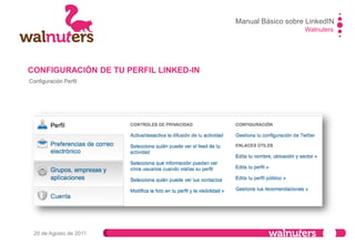 Walnuters
20 de Agosto de 2011
Configuración perfil II
CONFIGURACIÓN DE TU PERFIL LINKED-IN
Manual Básico sobre LinkedIN
 