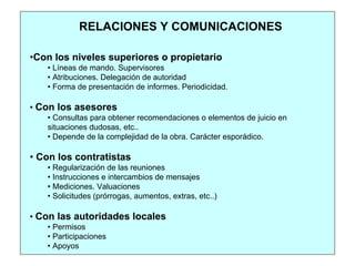 RELACIONES Y COMUNICACIONES
•Con los niveles superiores o propietario
• Líneas de mando. Supervisores
• Atribuciones. Delegación de autoridad
• Forma de presentación de informes. Periodicidad.
• Con los asesores
• Consultas para obtener recomendaciones o elementos de juicio en
situaciones dudosas, etc..
• Depende de la complejidad de la obra. Carácter esporádico.
• Con los contratistas
• Regularización de las reuniones
• Instrucciones e intercambios de mensajes
• Mediciones. Valuaciones
• Solicitudes (prórrogas, aumentos, extras, etc..)
• Con las autoridades locales
• Permisos
• Participaciones
• Apoyos
 