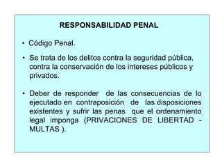 RESPONSABILIDAD PENAL
• Código Penal.
• Se trata de los delitos contra la seguridad pública,
contra la conservación de los intereses públicos y
privados.
• Deber de responder de las consecuencias de lo
ejecutado en contraposición de las disposiciones
existentes y sufrir las penas que el ordenamiento
legal imponga (PRIVACIONES DE LIBERTAD -
MULTAS ).
 