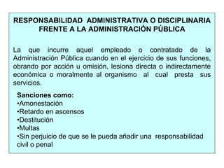 La que incurre aquel empleado o contratado de la
Administración Pública cuando en el ejercicio de sus funciones,
obrando por acción u omisión, lesiona directa o indirectamente
económica o moralmente al organismo al cual presta sus
servicios.
Sanciones como:
•Amonestación
•Retardo en ascensos
•Destitución
•Multas
•Sin perjuicio de que se le pueda añadir una responsabilidad
civil o penal
RESPONSABILIDAD ADMINISTRATIVA O DISCIPLINARIA
FRENTE A LA ADMINISTRACIÓN PÚBLICA
 