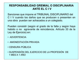 RESPONSABILIDAD GREMIAL O DISCIPLINARIA
ANTE EL C I V
Sanciones que impone el TRIBUNAL DISCIPLINARIO del
C I V cuando los daños que se producen o presenten en
una obra puedan ser achacados a un colegiado.
Pueden consistir (según el grado de la falta y según haya
habido o no agravante de reincidencia. Artículo 33 de la
Ley de Ejercicio) en:
• ADVERTENCIA
• AMONESTACIÓN PRIVADA
• CENSURA PÚBLICA
• SUSPENSIÓN DEL EJERCICIO DE LA PROFESIÓN DE
1 MES A 1 AÑO
 