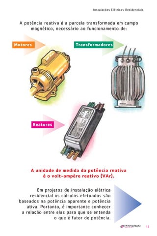 Instalações Elétricas Residenciais
13
A potência reativa é a parcela transformada em campo
magnético, necessário ao funcionamento de:
Reatores
Em projetos de instalação elétrica
residencial os cálculos efetuados são
baseados na potência aparente e potência
ativa. Portanto, é importante conhecer
a relação entre elas para que se entenda
o que é fator de potência.
A unidade de medida da potência reativa
é o volt-ampère reativo (VAr).
Motores Transformadores
1630 IER 14X21 ok 20.12.2006 17:56 Page 13
 