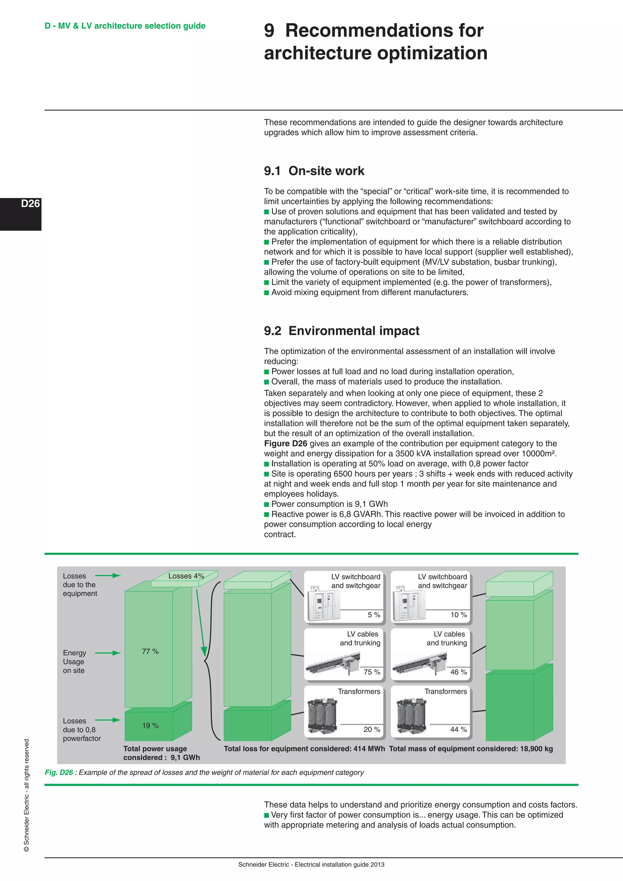 Schneider Electric - Electrical installation guide 2013
D - MV & LV architecture selection guide
D26
©SchneiderElectric-allrightsreserved
9 Recommendations for
architecture optimization
These recommendations are intended to guide the designer towards architecture
upgrades which allow him to improve assessment criteria.
9.1 On-site work
To be compatible with the “special” or “critical” work-site time, it is recommended to
limit uncertainties by applying the following recommendations:
b Use of proven solutions and equipment that has been validated and tested by
manufacturers (“functional” switchboard or “manufacturer” switchboard according to
the application criticality),
b Prefer the implementation of equipment for which there is a reliable distribution
network and for which it is possible to have local support (supplier well established),
b Prefer the use of factory-built equipment (MV/LV substation, busbar trunking),
allowing the volume of operations on site to be limited,
b Limit the variety of equipment implemented (e.g. the power of transformers),
b Avoid mixing equipment from different manufacturers.
9.2 Environmental impact
The optimization of the environmental assessment of an installation will involve
reducing:
b Power losses at full load and no load during installation operation,
b Overall, the mass of materials used to produce the installation.
Taken separately and when looking at only one piece of equipment, these 2
objectives may seem contradictory. However, when applied to whole installation, it
is possible to design the architecture to contribute to both objectives. The optimal
installation will therefore not be the sum of the optimal equipment taken separately,
but the result of an optimization of the overall installation.
Figure D26 gives an example of the contribution per equipment category to the
weight and energy dissipation for a 3500 kVA installation spread over 10000m².
b Installation is operating at 50% load on average, with 0,8 power factor
b Site is operating 6500 hours per years : 3 shifts + week ends with reduced activity
at night and week ends and full stop 1 month per year for site maintenance and
employees holidays.
b Power consumption is 9,1 GWh
b Reactive power is 6,8 GVARh. This reactive power will be invoiced in addition to
power consumption according to local energy
contract.
Total power usage
considered : 9,1 GWh
Losses 4%Losses
due to the
equipment
Energy
Usage
on site
Losses
due to 0,8
powerfactor
77 %
19 %
Total loss for equipment considered: 414 MWh Total mass of equipment considered: 18,900 kg
5 %
20 %
Transformers
75 %
LV cables
and trunking
10 %
44 %
Transformers
46 %
LV cables
and trunking
LV switchboard
and switchgear
LV switchboard
and switchgear
Fig. D26 : Example of the spread of losses and the weight of material for each equipment category
These data helps to understand and prioritize energy consumption and costs factors.
b Very ﬁrst factor of power consumption is... energy usage. This can be optimized
with appropriate metering and analysis of loads actual consumption.
 