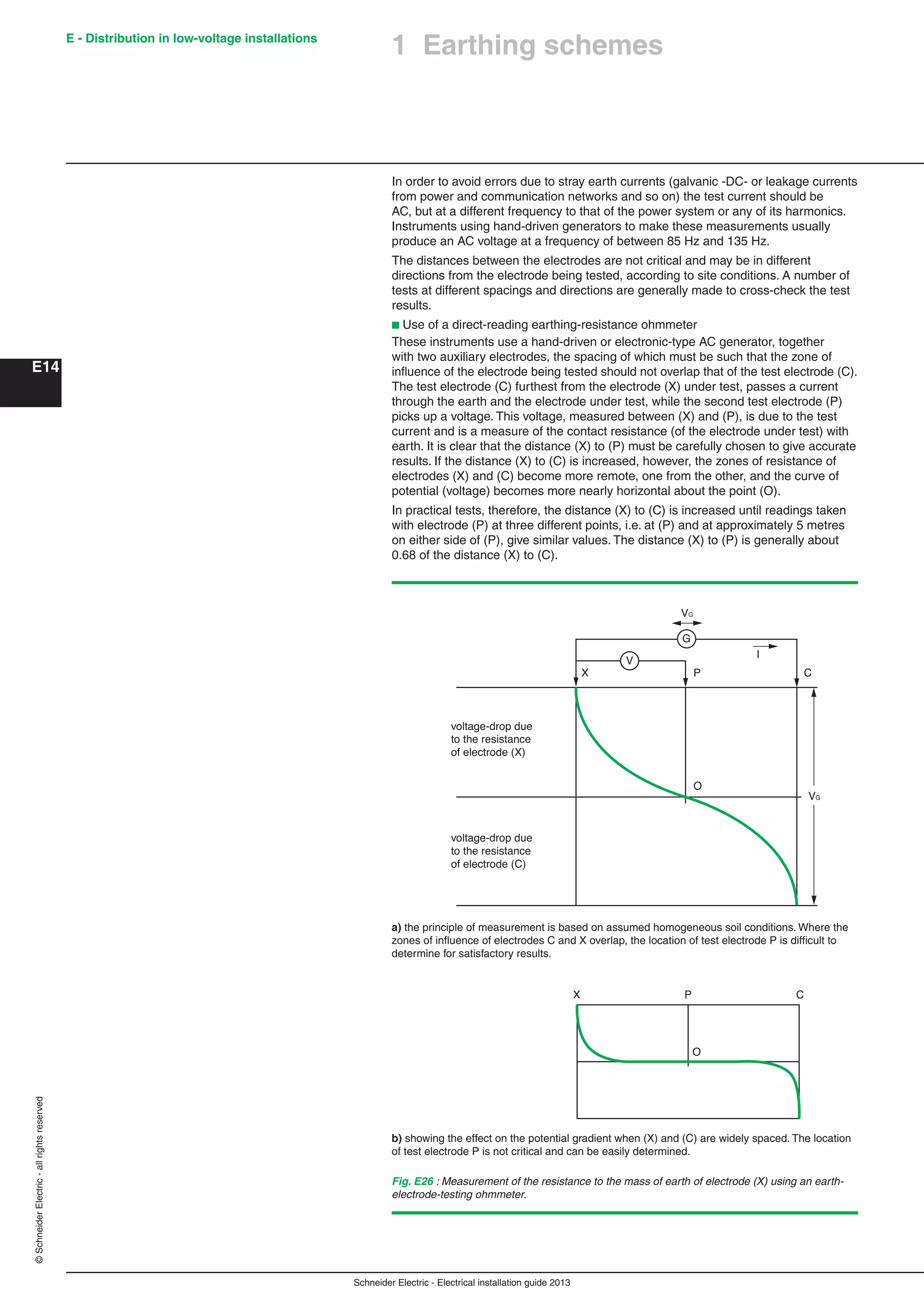 Schneider Electric - Electrical installation guide 2013
E - Distribution in low-voltage installations
E14
©SchneiderElectric-allrightsreserved
1 Earthing schemes
In order to avoid errors due to stray earth currents (galvanic -DC- or leakage currents
from power and communication networks and so on) the test current should be
AC, but at a different frequency to that of the power system or any of its harmonics.
Instruments using hand-driven generators to make these measurements usually
produce an AC voltage at a frequency of between 85 Hz and 135 Hz.
The distances between the electrodes are not critical and may be in different
directions from the electrode being tested, according to site conditions. A number of
tests at different spacings and directions are generally made to cross-check the test
results.
b Use of a direct-reading earthing-resistance ohmmeter
These instruments use a hand-driven or electronic-type AC generator, together
with two auxiliary electrodes, the spacing of which must be such that the zone of
inﬂuence of the electrode being tested should not overlap that of the test electrode (C).
The test electrode (C) furthest from the electrode (X) under test, passes a current
through the earth and the electrode under test, while the second test electrode (P)
picks up a voltage. This voltage, measured between (X) and (P), is due to the test
current and is a measure of the contact resistance (of the electrode under test) with
earth. It is clear that the distance (X) to (P) must be carefully chosen to give accurate
results. If the distance (X) to (C) is increased, however, the zones of resistance of
electrodes (X) and (C) become more remote, one from the other, and the curve of
potential (voltage) becomes more nearly horizontal about the point (O).
In practical tests, therefore, the distance (X) to (C) is increased until readings taken
with electrode (P) at three different points, i.e. at (P) and at approximately 5 metres
on either side of (P), give similar values. The distance (X) to (P) is generally about
0.68 of the distance (X) to (C).
Fig. E26 : Measurement of the resistance to the mass of earth of electrode (X) using an earth-
electrode-testing ohmmeter.
X CP
O
X P
O
C
voltage-drop due
to the resistance
of electrode (X)
voltage-drop due
to the resistance
of electrode (C)
V
G
VG
VG
I
a) the principle of measurement is based on assumed homogeneous soil conditions. Where the
zones of inﬂuence of electrodes C and X overlap, the location of test electrode P is difﬁcult to
determine for satisfactory results.
b) showing the effect on the potential gradient when (X) and (C) are widely spaced. The location
of test electrode P is not critical and can be easily determined.
 