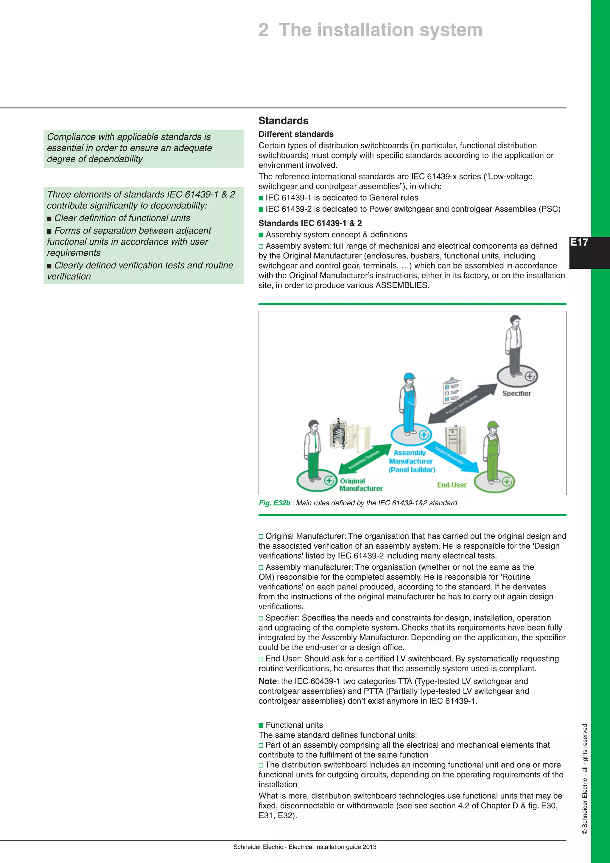 Schneider Electric - Electrical installation guide 2013
E17
©SchneiderElectric-allrightsreserved
Standards
Different standards
Certain types of distribution switchboards (in particular, functional distribution
switchboards) must comply with speciﬁc standards according to the application or
environment involved.
The reference international standards are IEC 61439-x series (“Low-voltage
switchgear and controlgear assemblies”), in which:
b IEC 61439-1 is dedicated to General rules
b IEC 61439-2 is dedicated to Power switchgear and controlgear Assemblies (PSC)
Standards IEC 61439-1 & 2
b Assembly system concept & deﬁnitions
v Assembly system: full range of mechanical and electrical components as deﬁned
by the Original Manufacturer (enclosures, busbars, functional units, including
switchgear and control gear, terminals, …) which can be assembled in accordance
with the Original Manufacturer’s instructions, either in its factory, or on the installation
site, in order to produce various ASSEMBLIES.
Compliance with applicable standards is
essential in order to ensure an adequate
degree of dependability
Three elements of standards IEC 61439-1 & 2
contribute signiﬁcantly to dependability:
b Clear deﬁnition of functional units
b Forms of separation between adjacent
functional units in accordance with user
requirements
b Clearly deﬁned veriﬁcation tests and routine
veriﬁcation
2 The installation system
Fig. E32b : Main rules deﬁned by the IEC 61439-1&2 standard
v Original Manufacturer: The organisation that has carried out the original design and
the associated veriﬁcation of an assembly system. He is responsible for the 'Design
veriﬁcations' listed by IEC 61439-2 including many electrical tests.
v Assembly manufacturer: The organisation (whether or not the same as the
OM) responsible for the completed assembly. He is responsible for 'Routine
veriﬁcations' on each panel produced, according to the standard. If he derivates
from the instructions of the original manufacturer he has to carry out again design
veriﬁcations.
v Speciﬁer: Speciﬁes the needs and constraints for design, installation, operation
and upgrading of the complete system. Checks that its requirements have been fully
integrated by the Assembly Manufacturer. Depending on the application, the speciﬁer
could be the end-user or a design ofﬁce.
v End User: Should ask for a certiﬁed LV switchboard. By systematically requesting
routine veriﬁcations, he ensures that the assembly system used is compliant.
Note: the IEC 60439-1 two categories TTA (Type-tested LV switchgear and
controlgear assemblies) and PTTA (Partially type-tested LV switchgear and
controlgear assemblies) don’t exist anymore in IEC 61439-1.
b Functional units
The same standard deﬁnes functional units:
v Part of an assembly comprising all the electrical and mechanical elements that
contribute to the fulﬁlment of the same function
v The distribution switchboard includes an incoming functional unit and one or more
functional units for outgoing circuits, depending on the operating requirements of the
installation
What is more, distribution switchboard technologies use functional units that may be
ﬁxed, disconnectable or withdrawable (see see section 4.2 of Chapter D & ﬁg. E30,
E31, E32).
 