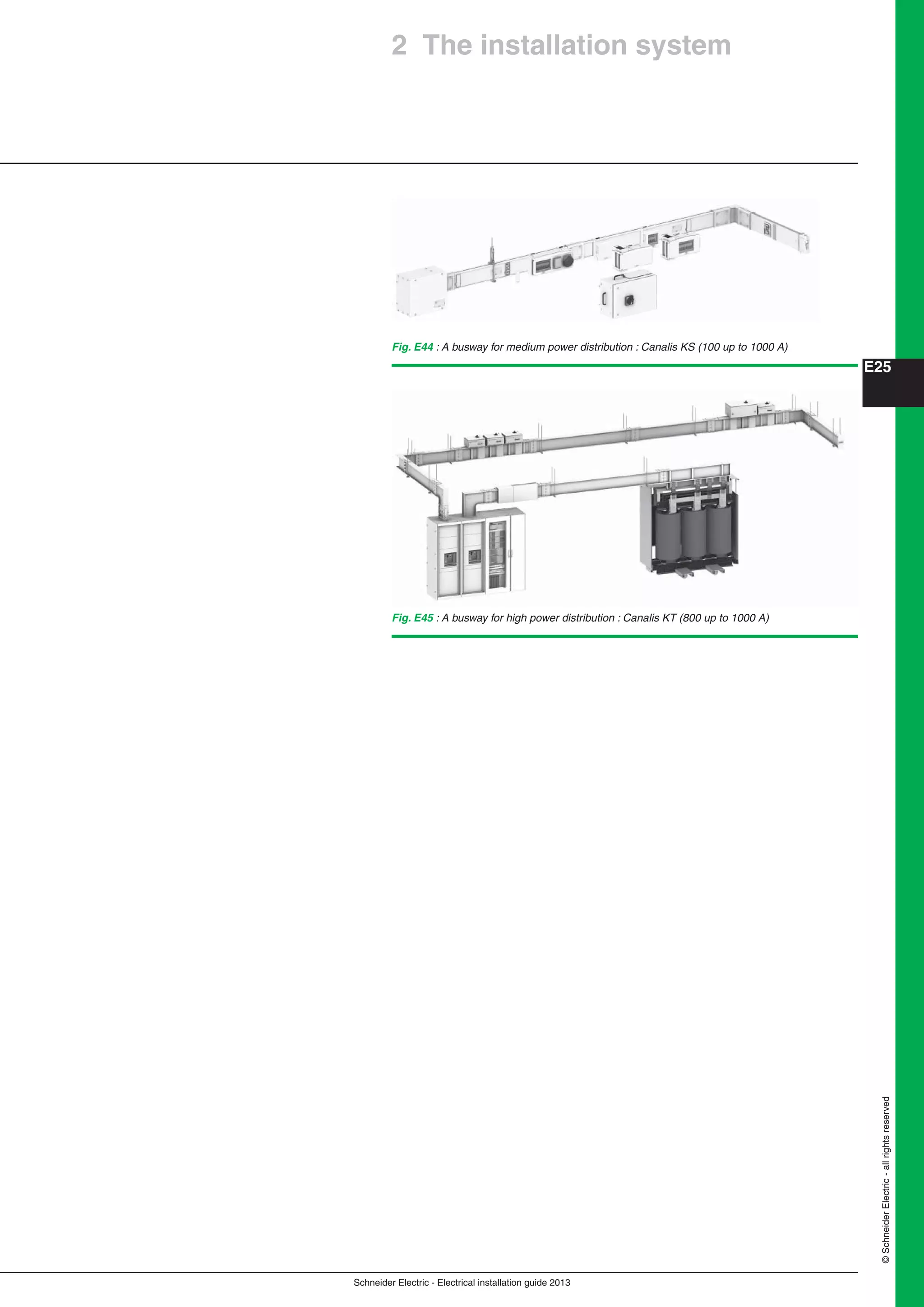 Schneider Electric - Electrical installation guide 2013
E25
©SchneiderElectric-allrightsreserved
Fig. E44 : A busway for medium power distribution : Canalis KS (100 up to 1000 A)
Fig. E45 : A busway for high power distribution : Canalis KT (800 up to 1000 A)
2 The installation system
 