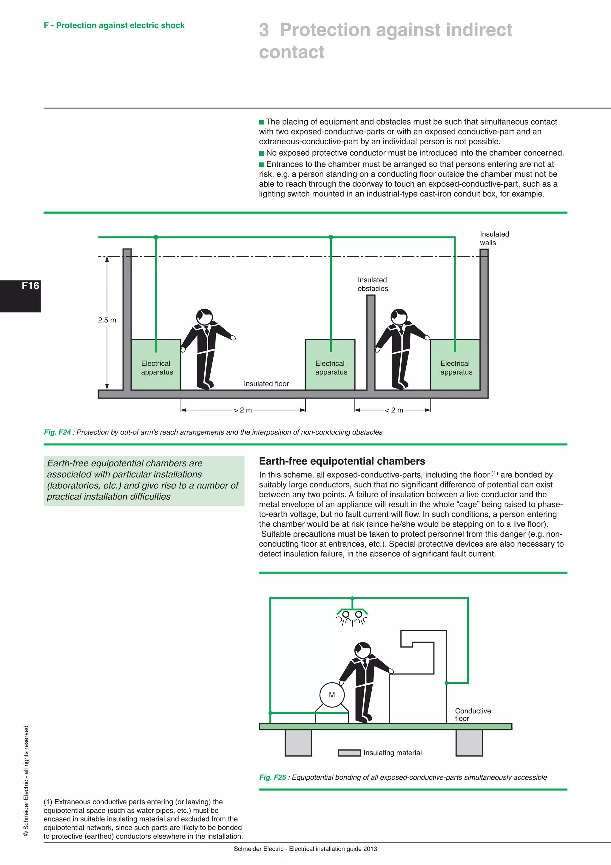 Schneider Electric - Electrical installation guide 2013
F - Protection against electric shock
F16
©SchneiderElectric-allrightsreserved
Earth-free equipotential chambers
In this scheme, all exposed-conductive-parts, including the ﬂoor (1) are bonded by
suitably large conductors, such that no signiﬁcant difference of potential can exist
between any two points. A failure of insulation between a live conductor and the
metal envelope of an appliance will result in the whole “cage” being raised to phase-
to-earth voltage, but no fault current will ﬂow. In such conditions, a person entering
the chamber would be at risk (since he/she would be stepping on to a live ﬂoor).
Suitable precautions must be taken to protect personnel from this danger (e.g. non-
conducting ﬂoor at entrances, etc.). Special protective devices are also necessary to
detect insulation failure, in the absence of signiﬁcant fault current.
Fig. F24 : Protection by out-of arm’s reach arrangements and the interposition of non-conducting obstacles
Electrical
apparatus
Electrical
apparatus
< 2 m
Electrical
apparatus
Insulated
walls
Insulated
obstacles
> 2 m
Insulated floor
2.5 m
3 Protection against indirect
contact
Earth-free equipotential chambers are
associated with particular installations
(laboratories, etc.) and give rise to a number of
practical installation difﬁculties
b The placing of equipment and obstacles must be such that simultaneous contact
with two exposed-conductive-parts or with an exposed conductive-part and an
extraneous-conductive-part by an individual person is not possible.
b No exposed protective conductor must be introduced into the chamber concerned.
b Entrances to the chamber must be arranged so that persons entering are not at
risk, e.g. a person standing on a conducting ﬂoor outside the chamber must not be
able to reach through the doorway to touch an exposed-conductive-part, such as a
lighting switch mounted in an industrial-type cast-iron conduit box, for example.
(1) Extraneous conductive parts entering (or leaving) the
equipotential space (such as water pipes, etc.) must be
encased in suitable insulating material and excluded from the
equipotential network, since such parts are likely to be bonded
to protective (earthed) conductors elsewhere in the installation.
Fig. F25 : Equipotential bonding of all exposed-conductive-parts simultaneously accessible
Insulating material
Conductive
floor
M
 