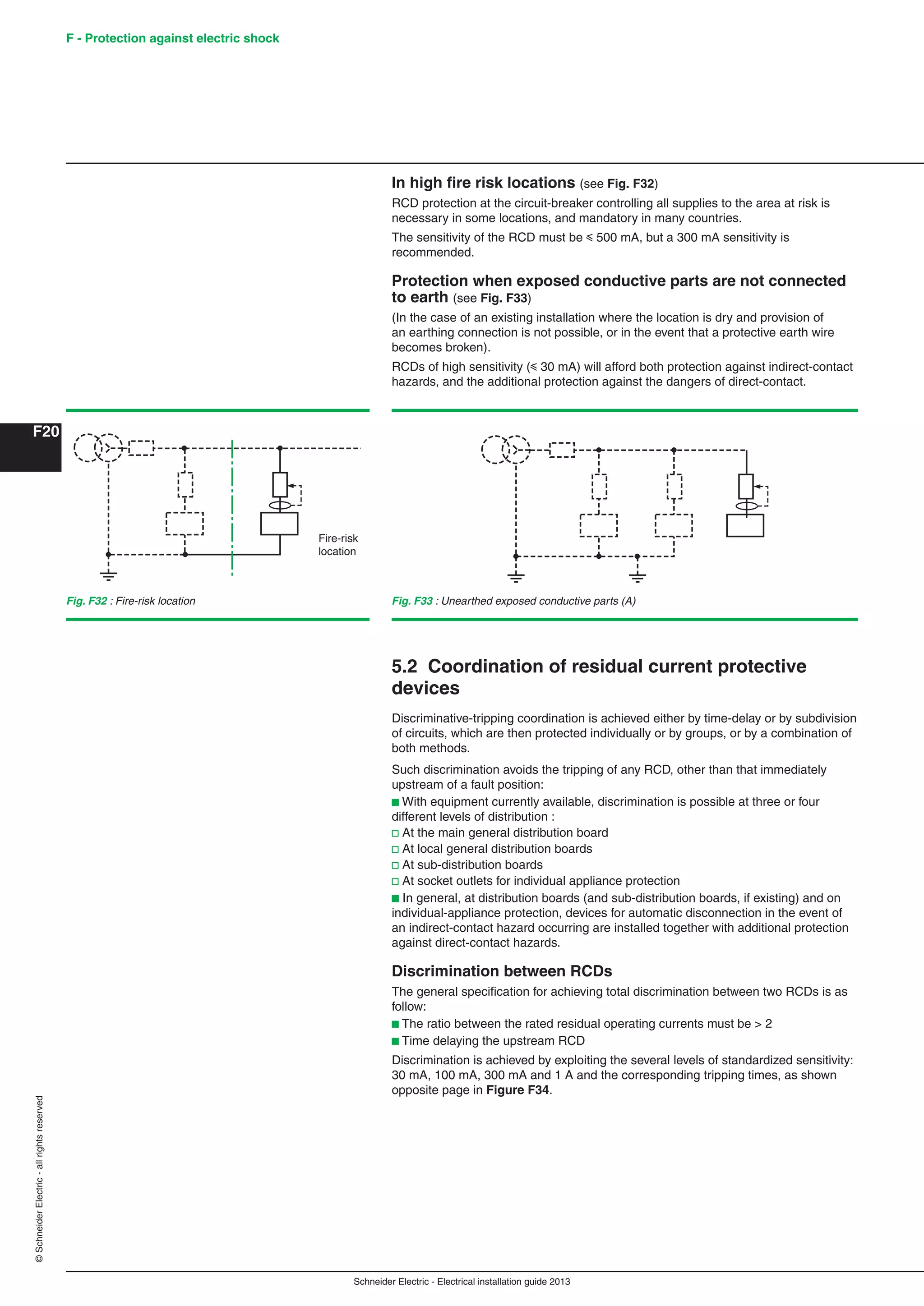 Schneider Electric - Electrical installation guide 2013
F - Protection against electric shock
F20
©SchneiderElectric-allrightsreserved
In high ﬁre risk locations (see Fig. F32)
RCD protection at the circuit-breaker controlling all supplies to the area at risk is
necessary in some locations, and mandatory in many countries.
The sensitivity of the RCD must be y 500 mA, but a 300 mA sensitivity is
recommended.
Protection when exposed conductive parts are not connected
to earth (see Fig. F33)
(In the case of an existing installation where the location is dry and provision of
an earthing connection is not possible, or in the event that a protective earth wire
becomes broken).
RCDs of high sensitivity (y 30 mA) will afford both protection against indirect-contact
hazards, and the additional protection against the dangers of direct-contact.
Fig. F32 : Fire-risk location
Fire-risk
location
Fig. F33 : Unearthed exposed conductive parts (A)
5.2 Coordination of residual current protective
devices
Discriminative-tripping coordination is achieved either by time-delay or by subdivision
of circuits, which are then protected individually or by groups, or by a combination of
both methods.
Such discrimination avoids the tripping of any RCD, other than that immediately
upstream of a fault position:
b With equipment currently available, discrimination is possible at three or four
different levels of distribution :
v At the main general distribution board
v At local general distribution boards
v At sub-distribution boards
v At socket outlets for individual appliance protection
b In general, at distribution boards (and sub-distribution boards, if existing) and on
individual-appliance protection, devices for automatic disconnection in the event of
an indirect-contact hazard occurring are installed together with additional protection
against direct-contact hazards.
Discrimination between RCDs
The general speciﬁcation for achieving total discrimination between two RCDs is as
follow:
b The ratio between the rated residual operating currents must be > 2
b Time delaying the upstream RCD
Discrimination is achieved by exploiting the several levels of standardized sensitivity:
30 mA, 100 mA, 300 mA and 1 A and the corresponding tripping times, as shown
opposite page in Figure F34.
 