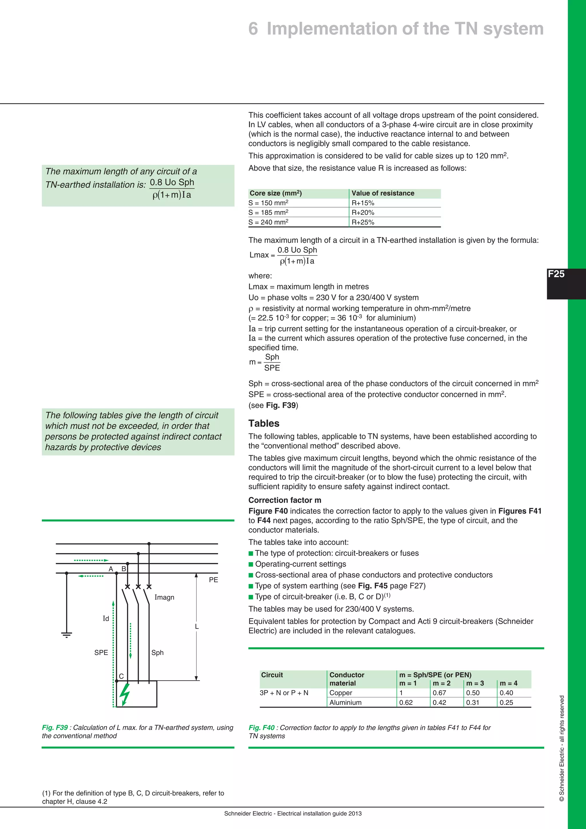 Schneider Electric - Electrical installation guide 2013
F25
©SchneiderElectric-allrightsreserved
6 Implementation of the TN system
This coefﬁcient takes account of all voltage drops upstream of the point considered.
In LV cables, when all conductors of a 3-phase 4-wire circuit are in close proximity
(which is the normal case), the inductive reactance internal to and between
conductors is negligibly small compared to the cable resistance.
This approximation is considered to be valid for cable sizes up to 120 mm2.
Above that size, the resistance value R is increased as follows:The maximum length of any circuit of a
TN-earthed installation is:
m a
0.8 Uo Sph
+( )1 I
Fig. F39 : Calculation of L max. for a TN-earthed system, using
the conventional method
Core size (mm2) Value of resistance
S = 150 mm2 R+15%
S = 185 mm2 R+20%
S = 240 mm2 R+25%
Imagn
Id
L
C
PE
SPE Sph
A B
The maximum length of a circuit in a TN-earthed installation is given by the formula:
L
m a
max
0.8 Uo Sph
=
+( )1 I
where:
Lmax = maximum length in metres
Uo = phase volts = 230 V for a 230/400 V system
 = resistivity at normal working temperature in ohm-mm2/metre
(= 22.5 10-3 for copper; = 36 10-3 for aluminium)
Ia = trip current setting for the instantaneous operation of a circuit-breaker, or
Ia = the current which assures operation of the protective fuse concerned, in the
speciﬁed time.
m
Sph
SPE
=
Sph = cross-sectional area of the phase conductors of the circuit concerned in mm2
SPE = cross-sectional area of the protective conductor concerned in mm2.
(see Fig. F39)
Tables
The following tables, applicable to TN systems, have been established according to
the “conventional method” described above.
The tables give maximum circuit lengths, beyond which the ohmic resistance of the
conductors will limit the magnitude of the short-circuit current to a level below that
required to trip the circuit-breaker (or to blow the fuse) protecting the circuit, with
sufﬁcient rapidity to ensure safety against indirect contact.
Correction factor m
Figure F40 indicates the correction factor to apply to the values given in Figures F41
to F44 next pages, according to the ratio Sph/SPE, the type of circuit, and the
conductor materials.
The tables take into account:
b The type of protection: circuit-breakers or fuses
b Operating-current settings
b Cross-sectional area of phase conductors and protective conductors
b Type of system earthing (see Fig. F45 page F27)
b Type of circuit-breaker (i.e. B, C or D)(1)
The tables may be used for 230/400 V systems.
Equivalent tables for protection by Compact and Acti 9 circuit-breakers (Schneider
Electric) are included in the relevant catalogues.
Fig. F40 : Correction factor to apply to the lengths given in tables F41 to F44 for
TN systems
Circuit Conductor m = Sph/SPE (or PEN)
material m = 1 m = 2 m = 3 m = 4
3P + N or P + N Copper 1 0.67 0.50 0.40
Aluminium 0.62 0.42 0.31 0.25
The following tables give the length of circuit
which must not be exceeded, in order that
persons be protected against indirect contact
hazards by protective devices
(1) For the deﬁnition of type B, C, D circuit-breakers, refer to
chapter H, clause 4.2
 