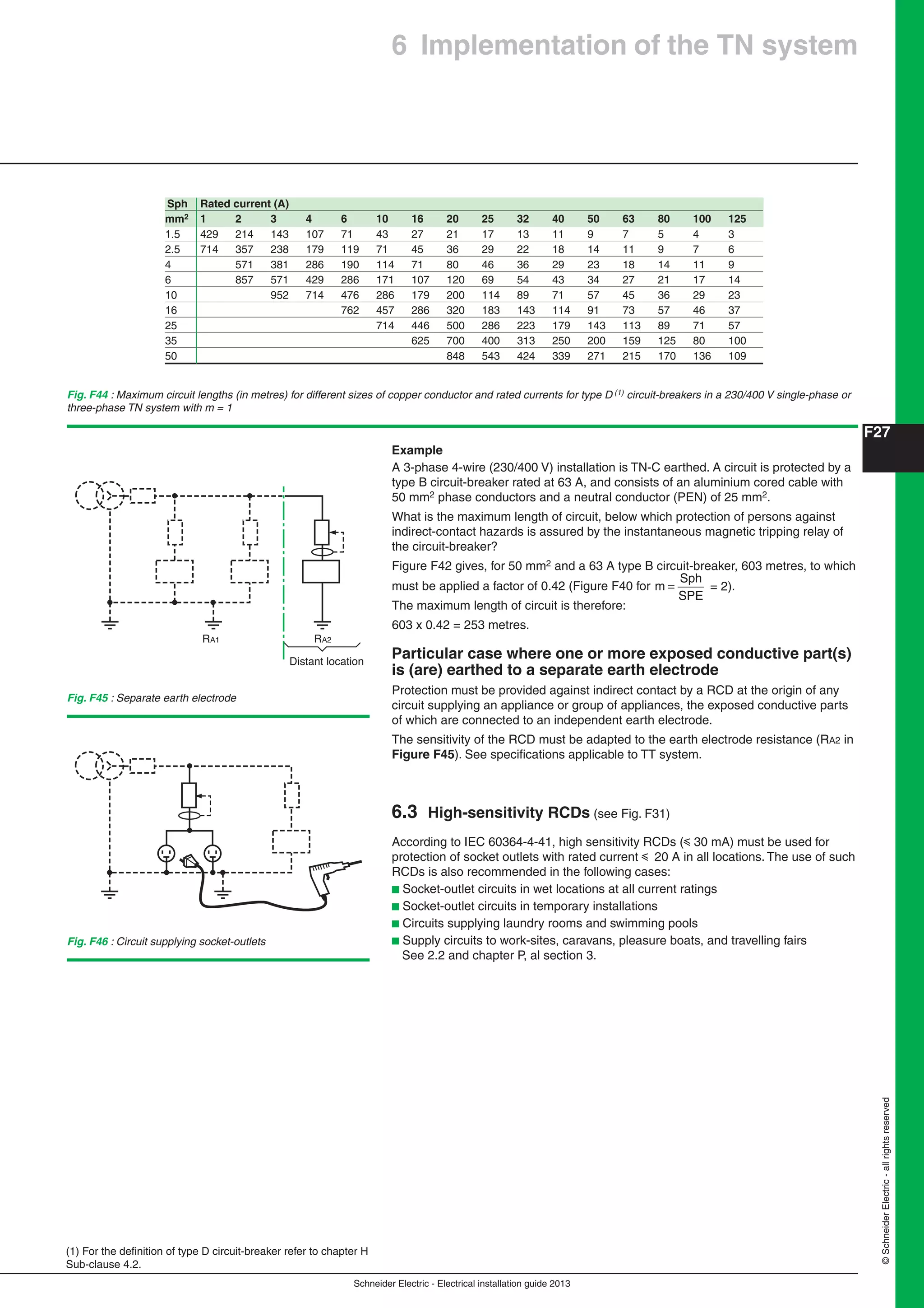 Schneider Electric - Electrical installation guide 2013
F27
©SchneiderElectric-allrightsreserved
6 Implementation of the TN system
Example
A 3-phase 4-wire (230/400 V) installation is TN-C earthed. A circuit is protected by a
type B circuit-breaker rated at 63 A, and consists of an aluminium cored cable with
50 mm2 phase conductors and a neutral conductor (PEN) of 25 mm2.
What is the maximum length of circuit, below which protection of persons against
indirect-contact hazards is assured by the instantaneous magnetic tripping relay of
the circuit-breaker?
Figure F42 gives, for 50 mm2 and a 63 A type B circuit-breaker, 603 metres, to which
must be applied a factor of 0.42 (Figure F40 for m
Sph
SPE
= = 2).
The maximum length of circuit is therefore:
603 x 0.42 = 253 metres.
Particular case where one or more exposed conductive part(s)
is (are) earthed to a separate earth electrode
Protection must be provided against indirect contact by a RCD at the origin of any
circuit supplying an appliance or group of appliances, the exposed conductive parts
of which are connected to an independent earth electrode.
The sensitivity of the RCD must be adapted to the earth electrode resistance (RA2 in
Figure F45). See speciﬁcations applicable to TT system.
6.3 High-sensitivity RCDs (see Fig. F31)
According to IEC 60364-4-41, high sensitivity RCDs (y 30 mA) must be used for
protection of socket outlets with rated current y 20 A in all locations. The use of such
RCDs is also recommended in the following cases:
b Socket-outlet circuits in wet locations at all current ratings
b Socket-outlet circuits in temporary installations
b Circuits supplying laundry rooms and swimming pools
b Supply circuits to work-sites, caravans, pleasure boats, and travelling fairs
See 2.2 and chapter P, al section 3.
Sph Rated current (A)
mm2 1 2 3 4 6 10 16 20 25 32 40 50 63 80 100 125
1.5 429 214 143 107 71 43 27 21 17 13 11 9 7 5 4 3
2.5 714 357 238 179 119 71 45 36 29 22 18 14 11 9 7 6
4 571 381 286 190 114 71 80 46 36 29 23 18 14 11 9
6 857 571 429 286 171 107 120 69 54 43 34 27 21 17 14
10 952 714 476 286 179 200 114 89 71 57 45 36 29 23
16 762 457 286 320 183 143 114 91 73 57 46 37
25 714 446 500 286 223 179 143 113 89 71 57
35 625 700 400 313 250 200 159 125 80 100
50 848 543 424 339 271 215 170 136 109
Fig. F44 : Maximum circuit lengths (in metres) for different sizes of copper conductor and rated currents for type D (1) circuit-breakers in a 230/400 V single-phase or
three-phase TN system with m = 1
(1) For the deﬁnition of type D circuit-breaker refer to chapter H
Sub-clause 4.2.
Fig. F45 : Separate earth electrode
RA1 RA2
Distant location
Fig. F46 : Circuit supplying socket-outlets
 