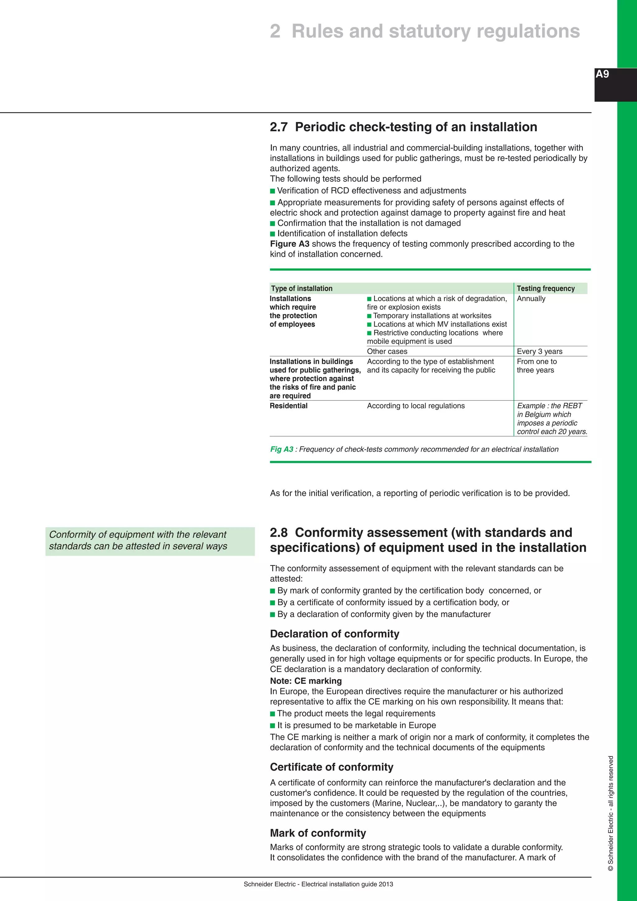Schneider Electric - Electrical installation guide 2013
A9
©SchneiderElectric-allrightsreserved
2.7 Periodic check-testing of an installation
In many countries, all industrial and commercial-building installations, together with
installations in buildings used for public gatherings, must be re-tested periodically by
authorized agents.
The following tests should be performed
b Veriﬁcation of RCD effectiveness and adjustments
b Appropriate measurements for providing safety of persons against effects of
electric shock and protection against damage to property against ﬁre and heat
b Conﬁrmation that the installation is not damaged
b Identiﬁcation of installation defects
Figure A3 shows the frequency of testing commonly prescribed according to the
kind of installation concerned.
Conformity of equipment with the relevant
standards can be attested in several ways
Fig A3 : Frequency of check-tests commonly recommended for an electrical installation
As for the initial veriﬁcation, a reporting of periodic veriﬁcation is to be provided.
2.8 Conformity assessement (with standards and
speciﬁcations) of equipment used in the installation
The conformity assessement of equipment with the relevant standards can be
attested:
b By mark of conformity granted by the certiﬁcation body concerned, or
b By a certiﬁcate of conformity issued by a certiﬁcation body, or
b By a declaration of conformity given by the manufacturer
Declaration of conformity
As business, the declaration of conformity, including the technical documentation, is
generally used in for high voltage equipments or for speciﬁc products. In Europe, the
CE declaration is a mandatory declaration of conformity.
Note: CE marking
In Europe, the European directives require the manufacturer or his authorized
representative to afﬁx the CE marking on his own responsibility. It means that:
b The product meets the legal requirements
b It is presumed to be marketable in Europe
The CE marking is neither a mark of origin nor a mark of conformity, it completes the
declaration of conformity and the technical documents of the equipments
Certiﬁcate of conformity
A certiﬁcate of conformity can reinforce the manufacturer's declaration and the
customer's conﬁdence. It could be requested by the regulation of the countries,
imposed by the customers (Marine, Nuclear,..), be mandatory to garanty the
maintenance or the consistency between the equipments
Mark of conformity
Marks of conformity are strong strategic tools to validate a durable conformity.
It consolidates the conﬁdence with the brand of the manufacturer. A mark of
Type of installation Testing frequency
Installations b Locations at which a risk of degradation, Annually
which require ﬁre or explosion exists
the protection b Temporary installations at worksites
of employees b Locations at which MV installations exist
b Restrictive conducting locations where
mobile equipment is used
Other cases Every 3 years
Installations in buildings According to the type of establishment From one to
used for public gatherings, and its capacity for receiving the public three years
where protection against
the risks of ﬁre and panic
are required
Residential According to local regulations Example : the REBT
in Belgium which
imposes a periodic
control each 20 years.
2 Rules and statutory regulations
 