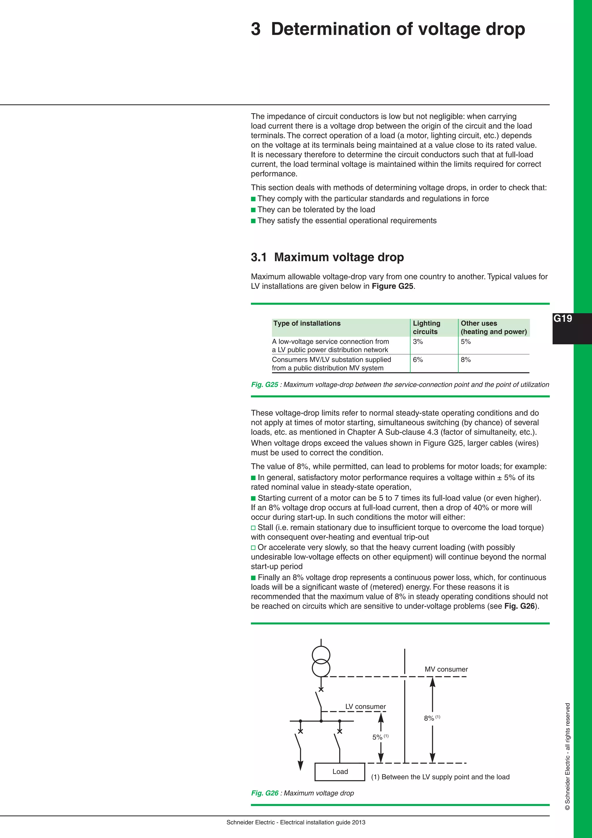 Schneider Electric - Electrical installation guide 2013
G19
©SchneiderElectric-allrightsreserved
3 Determination of voltage drop
The impedance of circuit conductors is low but not negligible: when carrying
load current there is a voltage drop between the origin of the circuit and the load
terminals. The correct operation of a load (a motor, lighting circuit, etc.) depends
on the voltage at its terminals being maintained at a value close to its rated value.
It is necessary therefore to determine the circuit conductors such that at full-load
current, the load terminal voltage is maintained within the limits required for correct
performance.
This section deals with methods of determining voltage drops, in order to check that:
b They comply with the particular standards and regulations in force
b They can be tolerated by the load
b They satisfy the essential operational requirements
3.1 Maximum voltage drop
Maximum allowable voltage-drop vary from one country to another. Typical values for
LV installations are given below in Figure G25.
Fig. G25 : Maximum voltage-drop between the service-connection point and the point of utilization
Fig. G26 : Maximum voltage drop
Type of installations Lighting Other uses
circuits (heating and power)
A low-voltage service connection from 3% 5%
a LV public power distribution network
Consumers MV/LV substation supplied 6% 8%
from a public distribution MV system
These voltage-drop limits refer to normal steady-state operating conditions and do
not apply at times of motor starting, simultaneous switching (by chance) of several
loads, etc. as mentioned in Chapter A Sub-clause 4.3 (factor of simultaneity, etc.).
When voltage drops exceed the values shown in Figure G25, larger cables (wires)
must be used to correct the condition.
The value of 8%, while permitted, can lead to problems for motor loads; for example:
b In general, satisfactory motor performance requires a voltage within ± 5% of its
rated nominal value in steady-state operation,
b Starting current of a motor can be 5 to 7 times its full-load value (or even higher).
If an 8% voltage drop occurs at full-load current, then a drop of 40% or more will
occur during start-up. In such conditions the motor will either:
v Stall (i.e. remain stationary due to insufﬁcient torque to overcome the load torque)
with consequent over-heating and eventual trip-out
v Or accelerate very slowly, so that the heavy current loading (with possibly
undesirable low-voltage effects on other equipment) will continue beyond the normal
start-up period
b Finally an 8% voltage drop represents a continuous power loss, which, for continuous
loads will be a signiﬁcant waste of (metered) energy. For these reasons it is
recommended that the maximum value of 8% in steady operating conditions should not
be reached on circuits which are sensitive to under-voltage problems (see Fig. G26).
Load
LV consumer
5% (1)
8% (1)
MV consumer
(1) Between the LV supply point and the load
 
