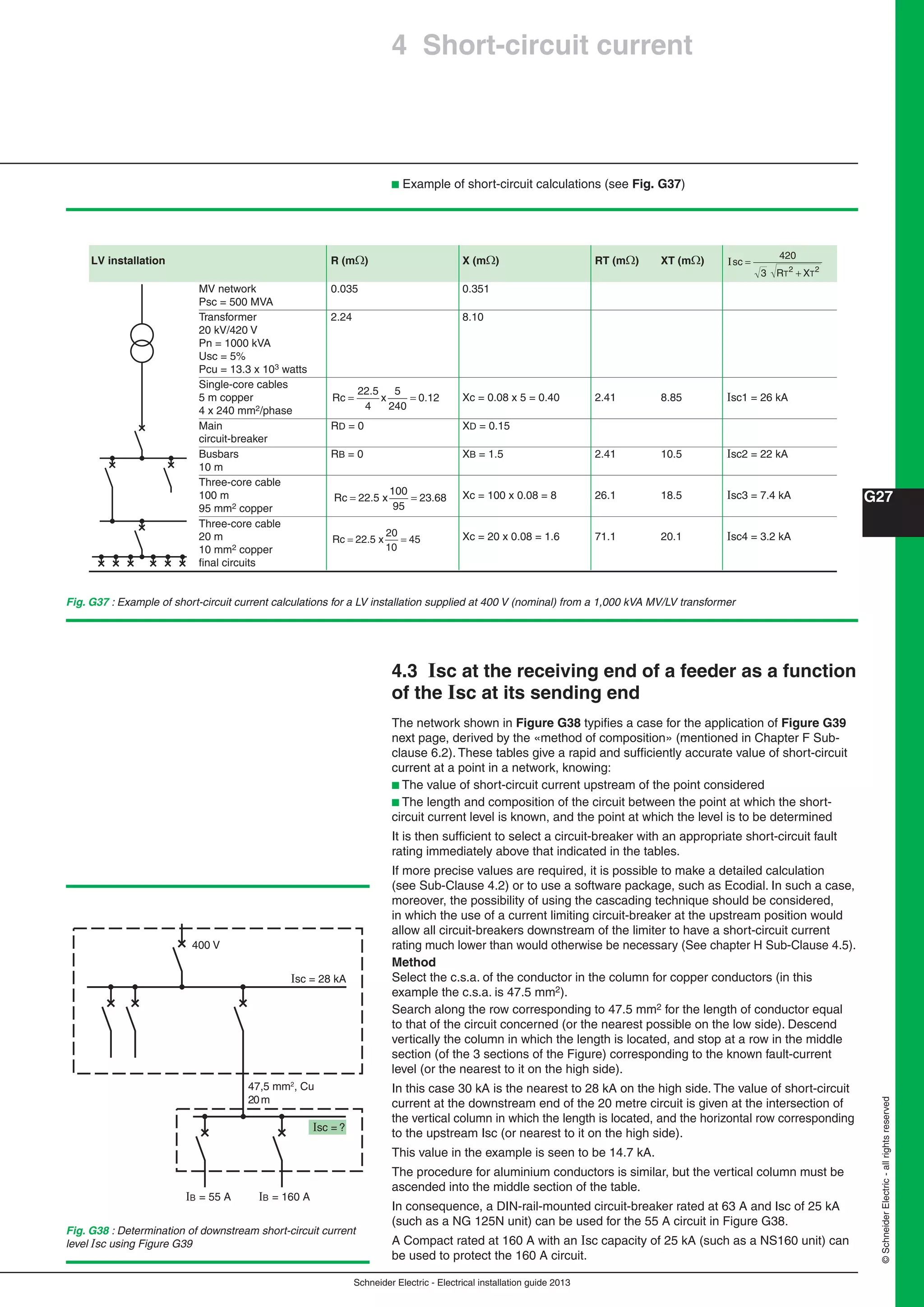 Schneider Electric - Electrical installation guide 2013
G27
©SchneiderElectric-allrightsreserved
Fig. G37 : Example of short-circuit current calculations for a LV installation supplied at 400 V (nominal) from a 1,000 kVA MV/LV transformer
LV installation R (m) X (m) RT (m) XT (m)
MV network 0.035 0.351
Psc = 500 MVA
Transformer 2.24 8.10
20 kV/420 V
Pn = 1000 kVA
Usc = 5%
Pcu = 13.3 x 103 watts
Single-core cables
5 m copper Xc = 0.08 x 5 = 0.40 2.41 8.85 Isc1 = 26 kA
4 x 240 mm2/phase
Main RD = 0 XD = 0.15
circuit-breaker
Busbars RB = 0 XB = 1.5 2.41 10.5 Isc2 = 22 kA
10 m
Three-core cable
100 m Xc = 100 x 0.08 = 8 26.1 18.5 Isc3 = 7.4 kA
95 mm2 copper
Three-core cable
20 m Xc = 20 x 0.08 = 1.6 71.1 20.1 Isc4 = 3.2 kA
10 mm2 copper
ﬁnal circuits
Rc x= =
22.5
4
0.12
5
240
Rc x= =22.5 2 .68
100
95
3
Rc x= =22.5
20
10
45
4.3 Isc at the receiving end of a feeder as a function
of the Isc at its sending end
The network shown in Figure G38 typiﬁes a case for the application of Figure G39
next page, derived by the «method of composition» (mentioned in Chapter F Sub-
clause 6.2). These tables give a rapid and sufﬁciently accurate value of short-circuit
current at a point in a network, knowing:
b The value of short-circuit current upstream of the point considered
b The length and composition of the circuit between the point at which the short-
circuit current level is known, and the point at which the level is to be determined
It is then sufﬁcient to select a circuit-breaker with an appropriate short-circuit fault
rating immediately above that indicated in the tables.
If more precise values are required, it is possible to make a detailed calculation
(see Sub-Clause 4.2) or to use a software package, such as Ecodial. In such a case,
moreover, the possibility of using the cascading technique should be considered,
in which the use of a current limiting circuit-breaker at the upstream position would
allow all circuit-breakers downstream of the limiter to have a short-circuit current
rating much lower than would otherwise be necessary (See chapter H Sub-Clause 4.5).
Method
Select the c.s.a. of the conductor in the column for copper conductors (in this
example the c.s.a. is 47.5 mm2).
Search along the row corresponding to 47.5 mm2 for the length of conductor equal
to that of the circuit concerned (or the nearest possible on the low side). Descend
vertically the column in which the length is located, and stop at a row in the middle
section (of the 3 sections of the Figure) corresponding to the known fault-current
level (or the nearest to it on the high side).
In this case 30 kA is the nearest to 28 kA on the high side. The value of short-circuit
current at the downstream end of the 20 metre circuit is given at the intersection of
the vertical column in which the length is located, and the horizontal row corresponding
to the upstream Isc (or nearest to it on the high side).
This value in the example is seen to be 14.7 kA.
The procedure for aluminium conductors is similar, but the vertical column must be
ascended into the middle section of the table.
In consequence, a DIN-rail-mounted circuit-breaker rated at 63 A and Isc of 25 kA
(such as a NG 125N unit) can be used for the 55 A circuit in Figure G38.
A Compact rated at 160 A with an Isc capacity of 25 kA (such as a NS160 unit) can
be used to protect the 160 A circuit.
Fig. G38 : Determination of downstream short-circuit current
level Isc using Figure G39
400 V
Isc = 28 kA
IB = 55 A IB = 160 A
47,5 mm2
, Cu
20m
Isc = ?
Isc
R XT T
=
+
420
3 2 2
b Example of short-circuit calculations (see Fig. G37)
4 Short-circuit current
 