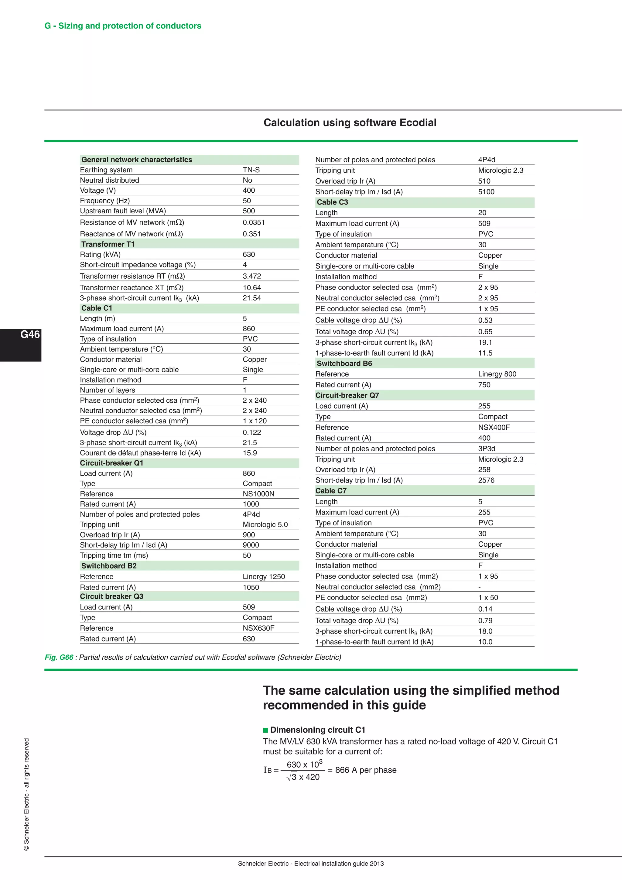 Schneider Electric - Electrical installation guide 2013
G46
G - Sizing and protection of conductors©SchneiderElectric-allrightsreserved
Calculation using software Ecodial
Fig. G66 : Partial results of calculation carried out with Ecodial software (Schneider Electric)
General network characteristics
Earthing system TN-S
Neutral distributed No
Voltage (V) 400
Frequency (Hz) 50
Upstream fault level (MVA) 500
Resistance of MV network (m) 0.0351
Reactance of MV network (m) 0.351
Transformer T1
Rating (kVA) 630
Short-circuit impedance voltage (%) 4
Transformer resistance RT (m) 3.472
Transformer reactance XT (m) 10.64
3-phase short-circuit current Ik3 (kA) 21.54
Cable C1
Length (m) 5
Maximum load current (A) 860
Type of insulation PVC
Ambient temperature (°C) 30
Conductor material Copper
Single-core or multi-core cable Single
Installation method F
Number of layers 1
Phase conductor selected csa (mm2) 2 x 240
Neutral conductor selected csa (mm2) 2 x 240
PE conductor selected csa (mm2) 1 x 120
Voltage drop U (%) 0.122
3-phase short-circuit current Ik3 (kA) 21.5
Courant de défaut phase-terre Id (kA) 15.9
Circuit-breaker Q1
Load current (A) 860
Type Compact
Reference NS1000N
Rated current (A) 1000
Number of poles and protected poles 4P4d
Tripping unit Micrologic 5.0
Overload trip Ir (A) 900
Short-delay trip Im / Isd (A) 9000
Tripping time tm (ms) 50
Switchboard B2
Reference Linergy 1250
Rated current (A) 1050
Circuit breaker Q3
Load current (A) 509
Type Compact
Reference NSX630F
Rated current (A) 630
Number of poles and protected poles 4P4d
Tripping unit Micrologic 2.3
Overload trip Ir (A) 510
Short-delay trip Im / Isd (A) 5100
Cable C3
Length 20
Maximum load current (A) 509
Type of insulation PVC
Ambient temperature (°C) 30
Conductor material Copper
Single-core or multi-core cable Single
Installation method F
Phase conductor selected csa (mm2) 2 x 95
Neutral conductor selected csa (mm2) 2 x 95
PE conductor selected csa (mm2) 1 x 95
Cable voltage drop U (%) 0.53
Total voltage drop U (%) 0.65
3-phase short-circuit current Ik3 (kA) 19.1
1-phase-to-earth fault current Id (kA) 11.5
Switchboard B6
Reference Linergy 800
Rated current (A) 750
Circuit-breaker Q7
Load current (A) 255
Type Compact
Reference NSX400F
Rated current (A) 400
Number of poles and protected poles 3P3d
Tripping unit Micrologic 2.3
Overload trip Ir (A) 258
Short-delay trip Im / Isd (A) 2576
Cable C7
Length 5
Maximum load current (A) 255
Type of insulation PVC
Ambient temperature (°C) 30
Conductor material Copper
Single-core or multi-core cable Single
Installation method F
Phase conductor selected csa (mm2) 1 x 95
Neutral conductor selected csa (mm2) -
PE conductor selected csa (mm2) 1 x 50
Cable voltage drop U (%) 0.14
Total voltage drop U (%) 0.79
3-phase short-circuit current Ik3 (kA) 18.0
1-phase-to-earth fault current Id (kA) 10.0
The same calculation using the simpliﬁed method
recommended in this guide
b Dimensioning circuit C1
The MV/LV 630 kVA transformer has a rated no-load voltage of 420 V. Circuit C1
must be suitable for a current of:
IB = =
630 x 10
x 420
866 A per phase
3
3
 