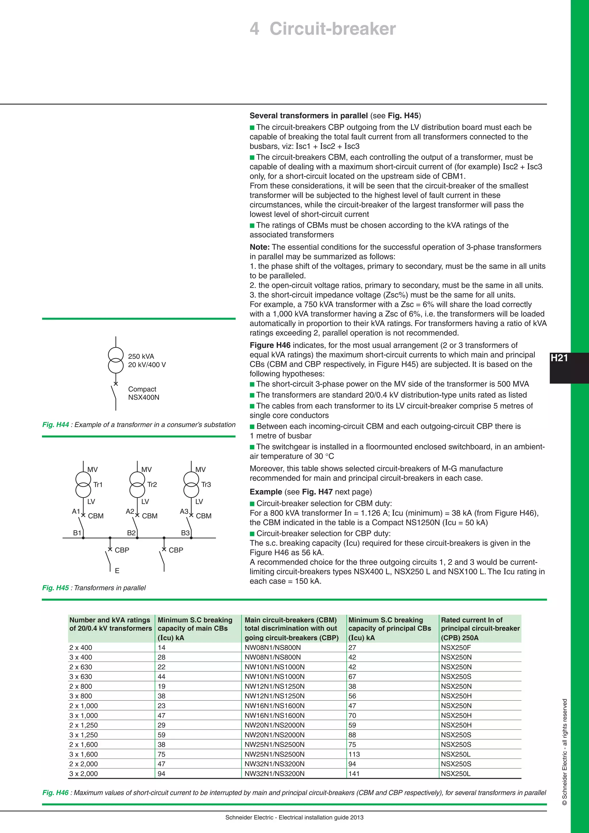 H21
Schneider Electric - Electrical installation guide 2013
©SchneiderElectric-allrightsreserved
Several transformers in parallel (see Fig. H45)
b The circuit-breakers CBP outgoing from the LV distribution board must each be
capable of breaking the total fault current from all transformers connected to the
busbars, viz: Isc1 + Isc2 + Isc3
b The circuit-breakers CBM, each controlling the output of a transformer, must be
capable of dealing with a maximum short-circuit current of (for example) Isc2 + Isc3
only, for a short-circuit located on the upstream side of CBM1.
From these considerations, it will be seen that the circuit-breaker of the smallest
transformer will be subjected to the highest level of fault current in these
circumstances, while the circuit-breaker of the largest transformer will pass the
lowest level of short-circuit current
b The ratings of CBMs must be chosen according to the kVA ratings of the
associated transformers
Note: The essential conditions for the successful operation of 3-phase transformers
in parallel may be summarized as follows:
1. the phase shift of the voltages, primary to secondary, must be the same in all units
to be paralleled.
2. the open-circuit voltage ratios, primary to secondary, must be the same in all units.
3. the short-circuit impedance voltage (Zsc%) must be the same for all units.
For example, a 750 kVA transformer with a Zsc = 6% will share the load correctly
with a 1,000 kVA transformer having a Zsc of 6%, i.e. the transformers will be loaded
automatically in proportion to their kVA ratings. For transformers having a ratio of kVA
ratings exceeding 2, parallel operation is not recommended.
Figure H46 indicates, for the most usual arrangement (2 or 3 transformers of
equal kVA ratings) the maximum short-circuit currents to which main and principal
CBs (CBM and CBP respectively, in Figure H45) are subjected. It is based on the
following hypotheses:
b The short-circuit 3-phase power on the MV side of the transformer is 500 MVA
b The transformers are standard 20/0.4 kV distribution-type units rated as listed
b The cables from each transformer to its LV circuit-breaker comprise 5 metres of
single core conductors
b Between each incoming-circuit CBM and each outgoing-circuit CBP there is
1 metre of busbar
b The switchgear is installed in a ﬂoormounted enclosed switchboard, in an ambient-
air temperature of 30 C
Moreover, this table shows selected circuit-breakers of M-G manufacture
recommended for main and principal circuit-breakers in each case.
Example (see Fig. H47 next page)
b Circuit-breaker selection for CBM duty:
For a 800 kVA transformer In = 1.126 A; Icu (minimum) = 38 kA (from Figure H46),
the CBM indicated in the table is a Compact NS1250N (Icu = 50 kA)
b Circuit-breaker selection for CBP duty:
The s.c. breaking capacity (Icu) required for these circuit-breakers is given in the
Figure H46 as 56 kA.
A recommended choice for the three outgoing circuits 1, 2 and 3 would be current-
limiting circuit-breakers types NSX400 L, NSX250 L and NSX100 L. The Icu rating in
each case = 150 kA.
Compact
NSX400N
250 kVA
20 kV/400 V
MV
Tr1
LV
CBM
A1
B1
CBP
MV
Tr2
LV
CBM
A2
B2
CBP
MV
Tr3
LV
CBM
A3
B3
E
Fig. H44 : Example of a transformer in a consumer’s substation
Fig. H45 : Transformers in parallel
4 Circuit-breaker
Fig. H46 : Maximum values of short-circuit current to be interrupted by main and principal circuit-breakers (CBM and CBP respectively), for several transformers in parallel
Number and kVA ratings Minimum S.C breaking Main circuit-breakers (CBM) Minimum S.C breaking Rated current In of
of 20/0.4 kV transformers capacity of main CBs total discrimination with out capacity of principal CBs principal circuit-breaker
(Icu) kA going circuit-breakers (CBP) (Icu) kA (CPB) 250A
2 x 400 14 NW08N1/NS800N 27 NSX250F
3 x 400 28 NW08N1/NS800N 42 NSX250N
2 x 630 22 NW10N1/NS1000N 42 NSX250N
3 x 630 44 NW10N1/NS1000N 67 NSX250S
2 x 800 19 NW12N1/NS1250N 38 NSX250N
3 x 800 38 NW12N1/NS1250N 56 NSX250H
2 x 1,000 23 NW16N1/NS1600N 47 NSX250N
3 x 1,000 47 NW16N1/NS1600N 70 NSX250H
2 x 1,250 29 NW20N1/NS2000N 59 NSX250H
3 x 1,250 59 NW20N1/NS2000N 88 NSX250S
2 x 1,600 38 NW25N1/NS2500N 75 NSX250S
3 x 1,600 75 NW25N1/NS2500N 113 NSX250L
2 x 2,000 47 NW32N1/NS3200N 94 NSX250S
3 x 2,000 94 NW32N1/NS3200N 141 NSX250L
 