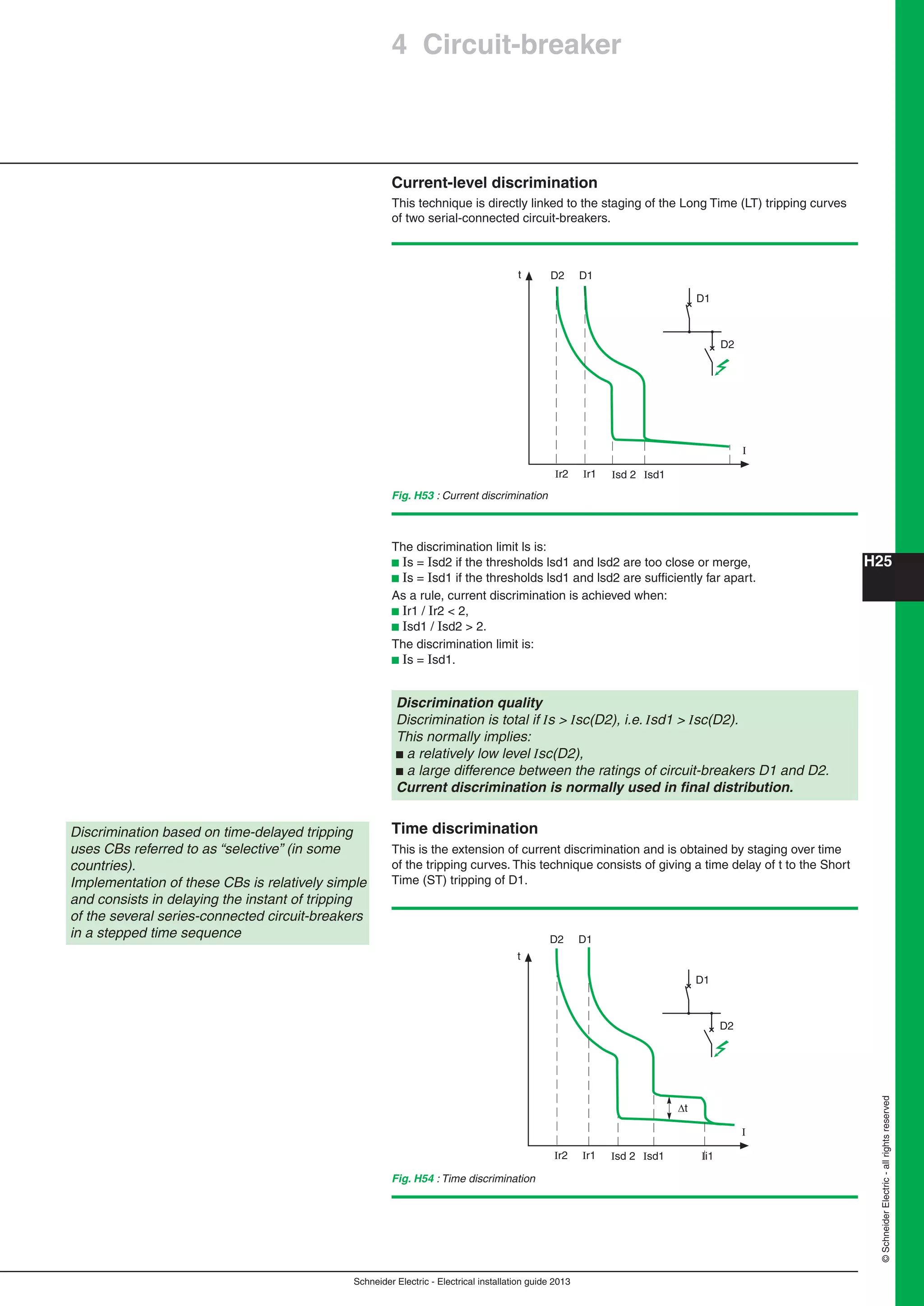 H25
Schneider Electric - Electrical installation guide 2013
©SchneiderElectric-allrightsreserved
4 Circuit-breaker
Discrimination quality
Discrimination is total if Is > Isc(D2), i.e. Isd1 > Isc(D2).
This normally implies:
b a relatively low level Isc(D2),
b a large difference between the ratings of circuit-breakers D1 and D2.
Current discrimination is normally used in ﬁnal distribution.
Current-level discrimination
This technique is directly linked to the staging of the Long Time (LT) tripping curves
of two serial-connected circuit-breakers.
Discrimination based on time-delayed tripping
uses CBs referred to as “selective” (in some
countries).
Implementation of these CBs is relatively simple
and consists in delaying the instant of tripping
of the several series-connected circuit-breakers
in a stepped time sequence
Fig. H53 : Current discrimination
The discrimination limit ls is:
b Is = Isd2 if the thresholds lsd1 and lsd2 are too close or merge,
b Is = Isd1 if the thresholds lsd1 and lsd2 are sufﬁciently far apart.
As a rule, current discrimination is achieved when:
b Ir1 / Ir2 < 2,
b Isd1 / Isd2 > 2.
The discrimination limit is:
b Is = Isd1.
Time discrimination
This is the extension of current discrimination and is obtained by staging over time
of the tripping curves. This technique consists of giving a time delay of t to the Short
Time (ST) tripping of D1.
Fig. H54 : Time discrimination
D1
D2
Isd 2 Isd1Ir2 Ir1
t D2 D1
I
D1
D2
Isd 2 Isd1 Ii1Ir2 Ir1
t
D2 D1
I
Δt
 