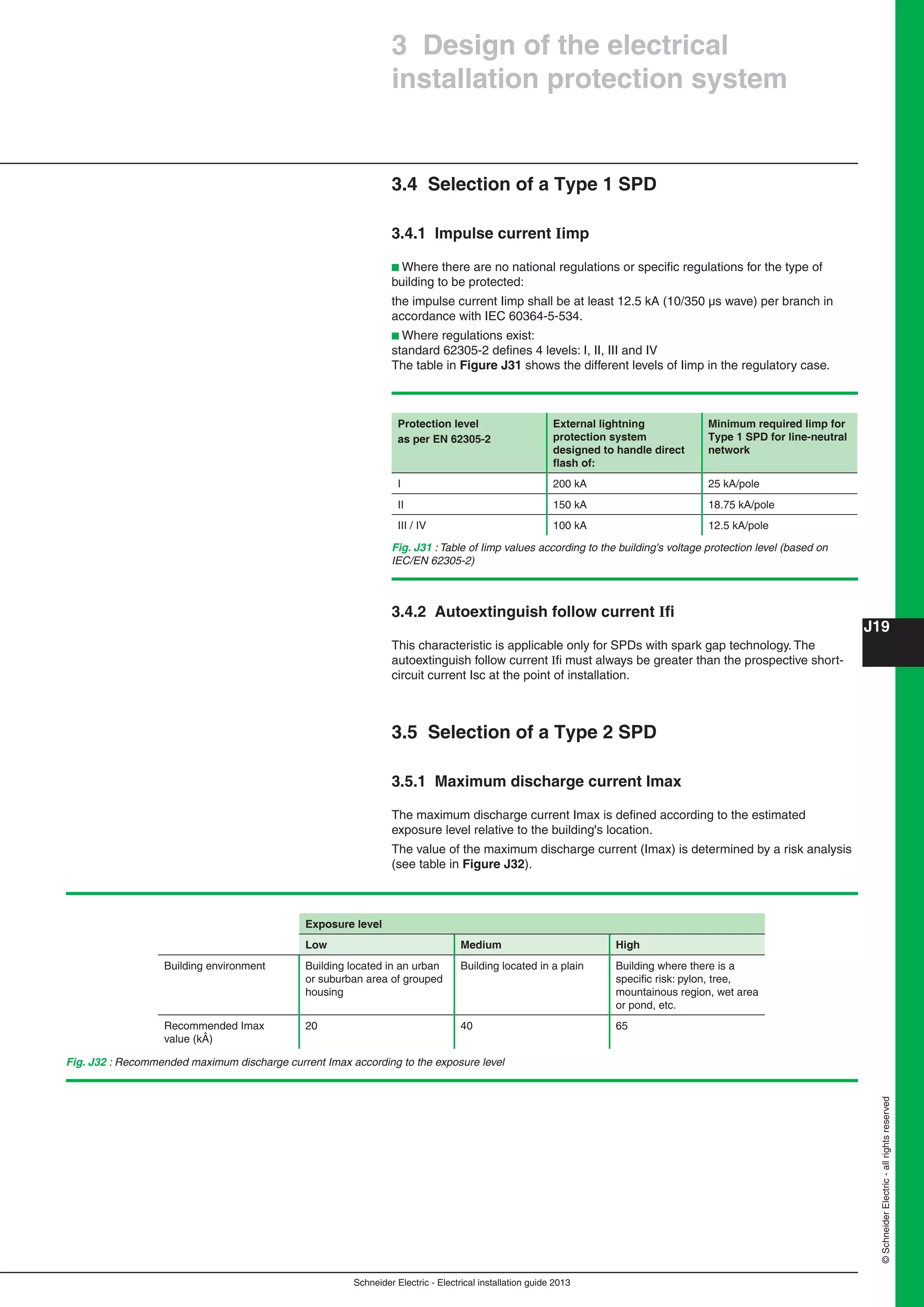 Schneider Electric - Electrical installation guide 2013
J19
©SchneiderElectric-allrightsreserved
3 Design of the electrical
installation protection system
3.4 Selection of a Type 1 SPD
3.4.1 Impulse current Iimp
b Where there are no national regulations or speciﬁc regulations for the type of
building to be protected:
the impulse current Iimp shall be at least 12.5 kA (10/350 µs wave) per branch in
accordance with IEC 60364-5-534.
b Where regulations exist:
standard 62305-2 deﬁnes 4 levels: I, II, III and IV
The table in Figure J31 shows the different levels of Iimp in the regulatory case.
Fig. J31 : Table of Iimp values according to the building's voltage protection level (based on
IEC/EN 62305-2)
Protection level
as per EN 62305-2
External lightning
protection system
designed to handle direct
ﬂash of:
Minimum required Iimp for
Type 1 SPD for line-neutral
network
I 200 kA 25 kA/pole
II 150 kA 18.75 kA/pole
III / IV 100 kA 12.5 kA/pole
3.4.2 Autoextinguish follow current Iﬁ
This characteristic is applicable only for SPDs with spark gap technology. The
autoextinguish follow current Iﬁ must always be greater than the prospective short-
circuit current Isc at the point of installation.
3.5 Selection of a Type 2 SPD
3.5.1 Maximum discharge current Imax
The maximum discharge current Imax is deﬁned according to the estimated
exposure level relative to the building's location.
The value of the maximum discharge current (Imax) is determined by a risk analysis
(see table in Figure J32).
Fig. J32 : Recommended maximum discharge current Imax according to the exposure level
Exposure level
Low Medium High
Building environment Building located in an urban
or suburban area of grouped
housing
Building located in a plain Building where there is a
speciﬁc risk: pylon, tree,
mountainous region, wet area
or pond, etc.
Recommended Imax
value (kÂ)
20 40 65
 