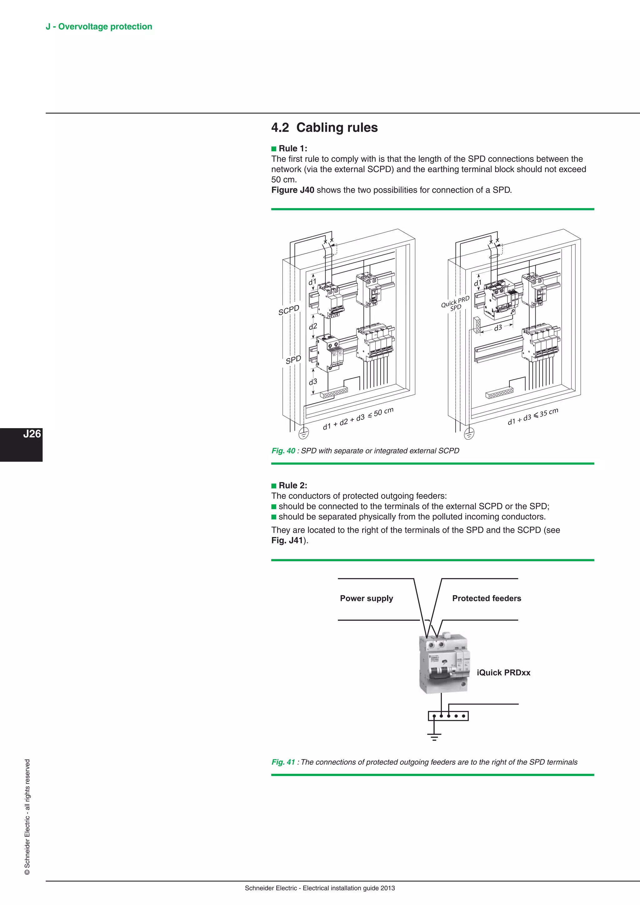 Schneider Electric - Electrical installation guide 2013
J - Overvoltage protection
J26
©SchneiderElectric-allrightsreserved
4.2 Cabling rules
b Rule 1:
The ﬁrst rule to comply with is that the length of the SPD connections between the
network (via the external SCPD) and the earthing terminal block should not exceed
50 cm.
Figure J40 shows the two possibilities for connection of a SPD.
Fig. 40 : SPD with separate or integrated external SCPD
Imax:
65kA
(8/20)
In: 20kA
(8/20)
Up:
1,5kV
Uc:
340Va
d1
d2
d3
d1 + d2 + d3 < 50 cm
SCPD
SPD
d1
d3
d1 + d3 35 cm
SPDQuick PRD
b Rule 2:
The conductors of protected outgoing feeders:
b should be connected to the terminals of the external SCPD or the SPD;
b should be separated physically from the polluted incoming conductors.
They are located to the right of the terminals of the SPD and the SCPD (see
Fig. J41).
Fig. 41 : The connections of protected outgoing feeders are to the right of the SPD terminals
iQuick PRDxx
Protected feedersPower supply
 