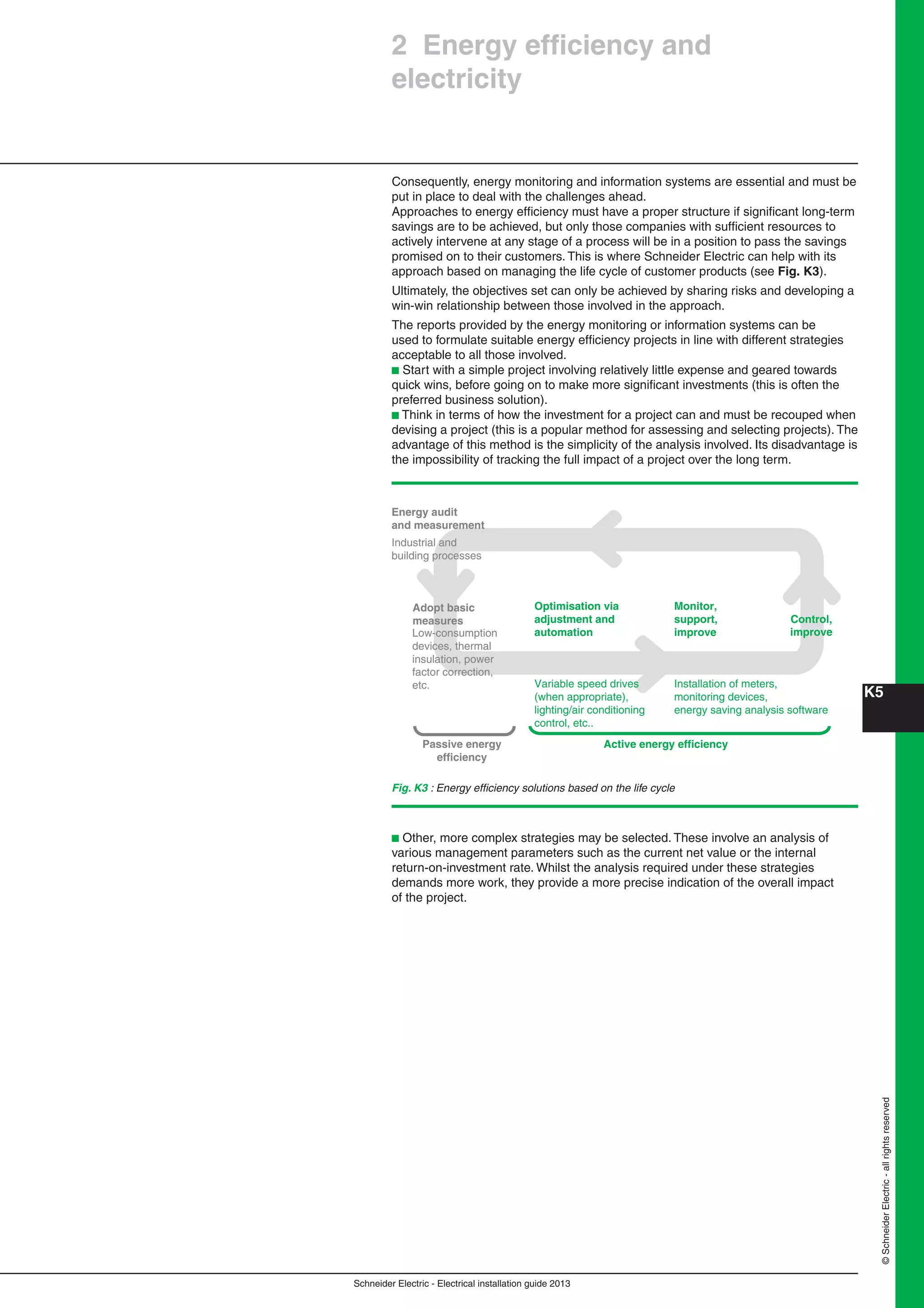 K5
Schneider Electric - Electrical installation guide 2013
©SchneiderElectric-allrightsreserved
Fig. K3 : Energy efﬁciency solutions based on the life cycle
Energy audit
and measurement
Industrial and
building processes
Low-consumption
devices, thermal
insulation, power
factor correction,
etc.
Adopt basic
measures
Passive energy
efficiency
Active energy efficiency
Optimisation via
adjustment and
automation
Variable speed drives
(when appropriate),
lighting/air conditioning
control, etc..
Monitor,
support,
improve
Control,
improve
Installation of meters,
monitoring devices,
energy saving analysis software
2 Energy efﬁciency and
electricity
Consequently, energy monitoring and information systems are essential and must be
put in place to deal with the challenges ahead.
Approaches to energy efﬁciency must have a proper structure if signiﬁcant long-term
savings are to be achieved, but only those companies with sufﬁcient resources to
actively intervene at any stage of a process will be in a position to pass the savings
promised on to their customers. This is where Schneider Electric can help with its
approach based on managing the life cycle of customer products (see Fig. K3).
Ultimately, the objectives set can only be achieved by sharing risks and developing a
win-win relationship between those involved in the approach.
The reports provided by the energy monitoring or information systems can be
used to formulate suitable energy efﬁciency projects in line with different strategies
acceptable to all those involved.
b Start with a simple project involving relatively little expense and geared towards
quick wins, before going on to make more signiﬁcant investments (this is often the
preferred business solution).
b Think in terms of how the investment for a project can and must be recouped when
devising a project (this is a popular method for assessing and selecting projects). The
advantage of this method is the simplicity of the analysis involved. Its disadvantage is
the impossibility of tracking the full impact of a project over the long term.
b Other, more complex strategies may be selected. These involve an analysis of
various management parameters such as the current net value or the internal
return-on-investment rate. Whilst the analysis required under these strategies
demands more work, they provide a more precise indication of the overall impact
of the project.
 