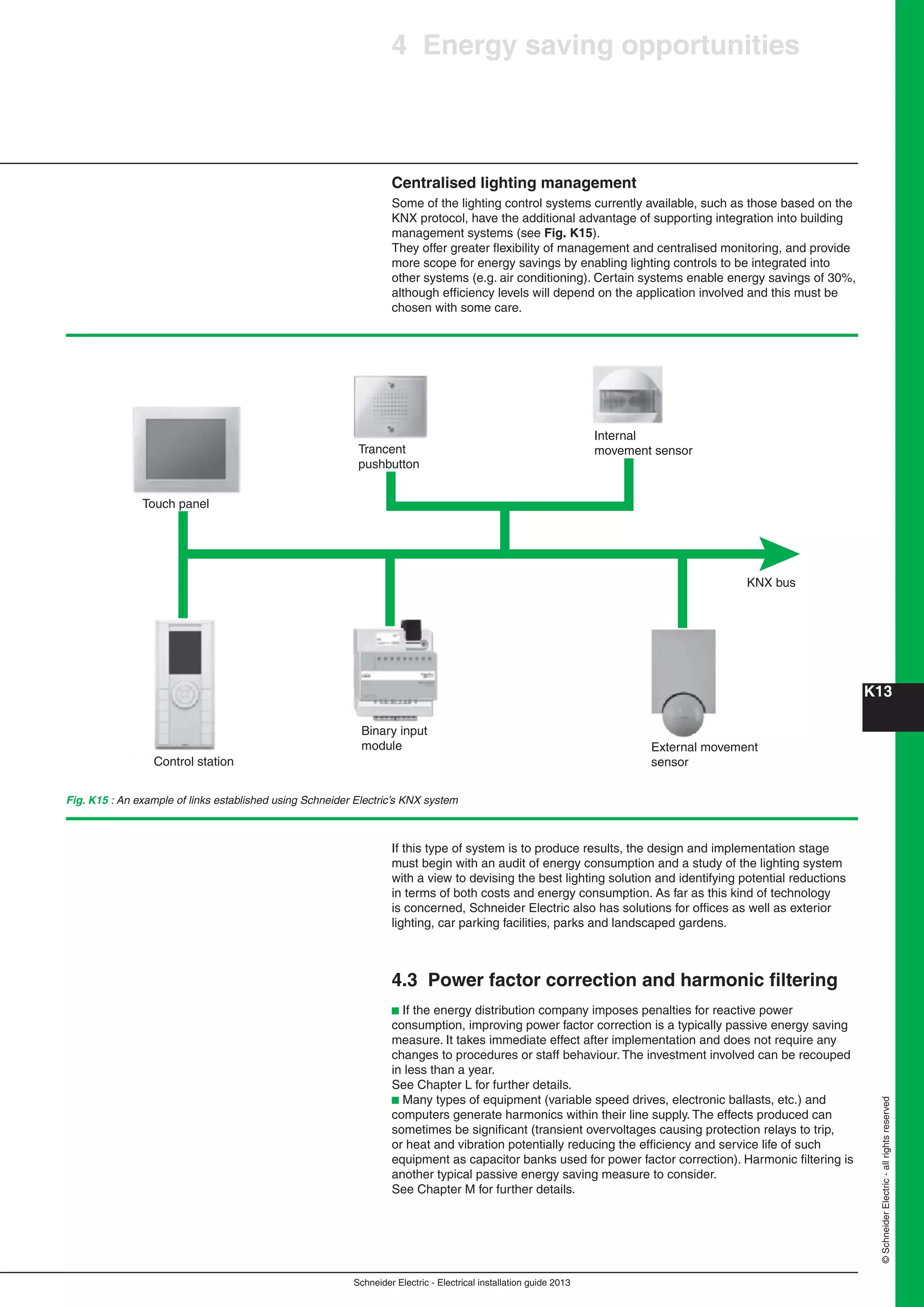 K13
Schneider Electric - Electrical installation guide 2013
©SchneiderElectric-allrightsreserved
4 Energy saving opportunities
Centralised lighting management
Some of the lighting control systems currently available, such as those based on the
KNX protocol, have the additional advantage of supporting integration into building
management systems (see Fig. K15).
They offer greater ﬂexibility of management and centralised monitoring, and provide
more scope for energy savings by enabling lighting controls to be integrated into
other systems (e.g. air conditioning). Certain systems enable energy savings of 30%,
although efﬁciency levels will depend on the application involved and this must be
chosen with some care.
Fig. K15 : An example of links established using Schneider Electric’s KNX system
If this type of system is to produce results, the design and implementation stage
must begin with an audit of energy consumption and a study of the lighting system
with a view to devising the best lighting solution and identifying potential reductions
in terms of both costs and energy consumption. As far as this kind of technology
is concerned, Schneider Electric also has solutions for ofﬁces as well as exterior
lighting, car parking facilities, parks and landscaped gardens.
4.3 Power factor correction and harmonic ﬁltering
b If the energy distribution company imposes penalties for reactive power
consumption, improving power factor correction is a typically passive energy saving
measure. It takes immediate effect after implementation and does not require any
changes to procedures or staff behaviour. The investment involved can be recouped
in less than a year.
See Chapter L for further details.
b Many types of equipment (variable speed drives, electronic ballasts, etc.) and
computers generate harmonics within their line supply. The effects produced can
sometimes be signiﬁcant (transient overvoltages causing protection relays to trip,
or heat and vibration potentially reducing the efﬁciency and service life of such
equipment as capacitor banks used for power factor correction). Harmonic ﬁltering is
another typical passive energy saving measure to consider.
See Chapter M for further details.
Touch panel
Control station
Binary input
module External movement
sensor
KNX bus
Trancent
pushbutton
Internal
movement sensor
 