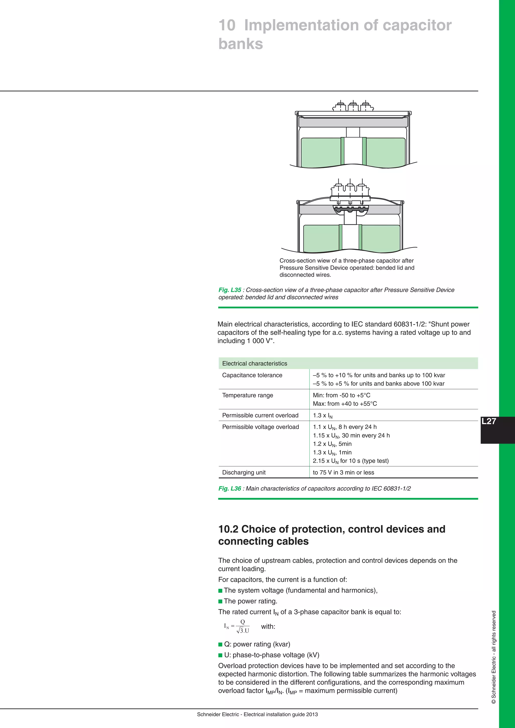 Schneider Electric - Electrical installation guide 2013
L27
©SchneiderElectric-allrightsreserved
Fig. L35 : Cross-section view of a three-phase capacitor after Pressure Sensitive Device
operated: bended lid and disconnected wires
Fig. L36 : Main characteristics of capacitors according to IEC 60831-1/2
Main electrical characteristics, according to IEC standard 60831-1/2: "Shunt power
capacitors of the self-healing type for a.c. systems having a rated voltage up to and
including 1 000 V".
Electrical characteristics
Capacitance tolerance –5 % to +10 % for units and banks up to 100 kvar
–5 % to +5 % for units and banks above 100 kvar
Temperature range Min: from -50 to +5°C
Max: from +40 to +55°C
Permissible current overload 1.3 x IN
Permissible voltage overload 1.1 x UN, 8 h every 24 h
1.15 x UN, 30 min every 24 h
1.2 x UN, 5min
1.3 x UN, 1min
2.15 x UN for 10 s (type test)
Discharging unit to 75 V in 3 min or less
10.2 Choice of protection, control devices and
connecting cables
The choice of upstream cables, protection and control devices depends on the
current loading.
For capacitors, the current is a function of:
b The system voltage (fundamental and harmonics),
b The power rating.
The rated current IN of a 3-phase capacitor bank is equal to:
.U3
Q
IN with:
b Q: power rating (kvar)
b U: phase-to-phase voltage (kV)
Overload protection devices have to be implemented and set according to the
expected harmonic distortion. The following table summarizes the harmonic voltages
to be considered in the different conﬁgurations, and the corresponding maximum
overload factor IMP/IN. (IMP = maximum permissible current)
Cross-section wiew of a three-phase capacitor after
Pressure Sensitive Device operated: bended lid and
disconnected wires.
10 Implementation of capacitor
banks
 