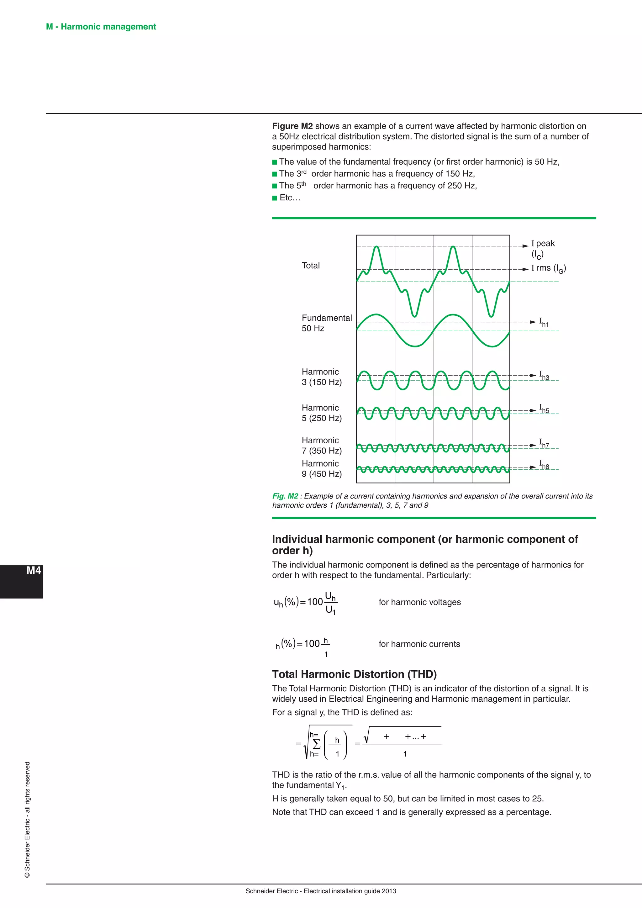 Schneider Electric - Electrical installation guide 2013
M - Harmonic management
M4
©SchneiderElectric-allrightsreserved
Figure M2 shows an example of a current wave affected by harmonic distortion on
a 50Hz electrical distribution system. The distorted signal is the sum of a number of
superimposed harmonics:
b The value of the fundamental frequency (or ﬁrst order harmonic) is 50 Hz,
b The 3rd order harmonic has a frequency of 150 Hz,
b The 5th order harmonic has a frequency of 250 Hz,
b Etc…
Total
Fundamental
50 Hz
Harmonic
3 (150 Hz)
Harmonic
5 (250 Hz)
Harmonic
7 (350 Hz)
Harmonic
9 (450 Hz)
I peak
(Ic)
I rms (IG
)
Ih1
Ih3
Ih5
Ih7
Ih8
Fig. M2 : Example of a current containing harmonics and expansion of the overall current into its
harmonic orders 1 (fundamental), 3, 5, 7 and 9
Individual harmonic component (or harmonic component of
order h)
The individual harmonic component is deﬁned as the percentage of harmonics for
order h with respect to the fundamental. Particularly:
( )
1
h
h
U
U
100%u = for harmonic voltages
( )
1
h
h 100% = for harmonic currents
Total Harmonic Distortion (THD)
The Total Harmonic Distortion (THD) is an indicator of the distortion of a signal. It is
widely used in Electrical Engineering and Harmonic management in particular.
For a signal y, the THD is deﬁned as:
1
h
h 1
h +++
=⎟
⎟
⎠
⎞
⎜
⎜
⎝
⎛
= ∑
=
=
...
THD is the ratio of the r.m.s. value of all the harmonic components of the signal y, to
the fundamental Y1.
H is generally taken equal to 50, but can be limited in most cases to 25.
Note that THD can exceed 1 and is generally expressed as a percentage.
 