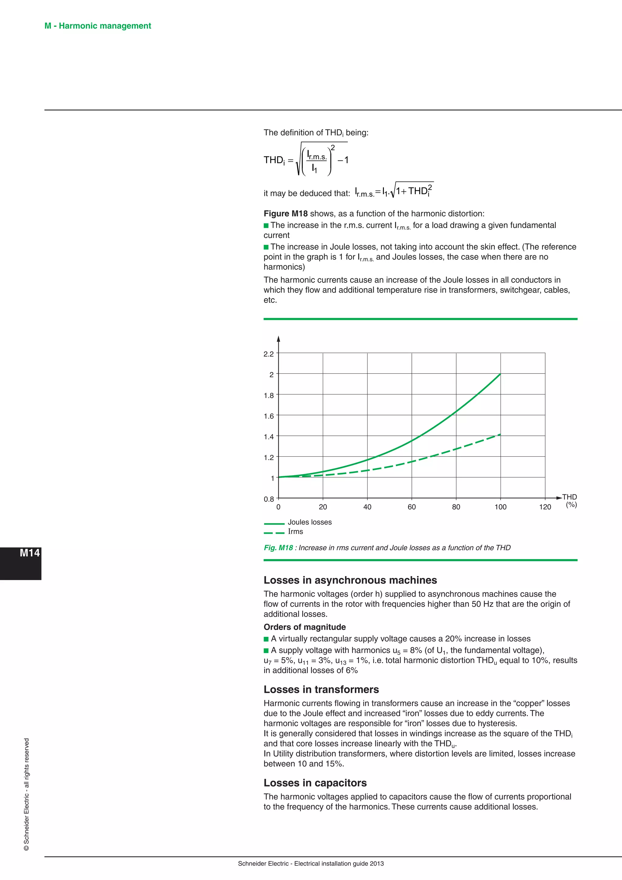 Schneider Electric - Electrical installation guide 2013
M - Harmonic management
M14
©SchneiderElectric-allrightsreserved
The deﬁnition of THDi being:
1
I
I
THD
2
1
r.m.s.
i −⎟
⎟
⎠
⎞
⎜
⎜
⎝
⎛
=
it may be deduced that:
2
i1r.m.s. THD1II += .
Figure M18 shows, as a function of the harmonic distortion:
b The increase in the r.m.s. current Ir.m.s. for a load drawing a given fundamental
current
b The increase in Joule losses, not taking into account the skin effect. (The reference
point in the graph is 1 for Ir.m.s. and Joules losses, the case when there are no
harmonics)
The harmonic currents cause an increase of the Joule losses in all conductors in
which they ﬂow and additional temperature rise in transformers, switchgear, cables,
etc.
0 20 40 60 80 100 120
1
1.2
1.4
1.6
1.8
2
2.2
0.8 THD
(%)
Joules losses
Irms
Fig. M18 : Increase in rms current and Joule losses as a function of the THD
Losses in asynchronous machines
The harmonic voltages (order h) supplied to asynchronous machines cause the
ﬂow of currents in the rotor with frequencies higher than 50 Hz that are the origin of
additional losses.
Orders of magnitude
b A virtually rectangular supply voltage causes a 20% increase in losses
b A supply voltage with harmonics u5 = 8% (of U1, the fundamental voltage),
u7 = 5%, u11 = 3%, u13 = 1%, i.e. total harmonic distortion THDu equal to 10%, results
in additional losses of 6%
Losses in transformers
Harmonic currents ﬂowing in transformers cause an increase in the “copper” losses
due to the Joule effect and increased “iron” losses due to eddy currents. The
harmonic voltages are responsible for “iron” losses due to hysteresis.
It is generally considered that losses in windings increase as the square of the THDi
and that core losses increase linearly with the THDu.
In Utility distribution transformers, where distortion levels are limited, losses increase
between 10 and 15%.
Losses in capacitors
The harmonic voltages applied to capacitors cause the ﬂow of currents proportional
to the frequency of the harmonics. These currents cause additional losses.
 