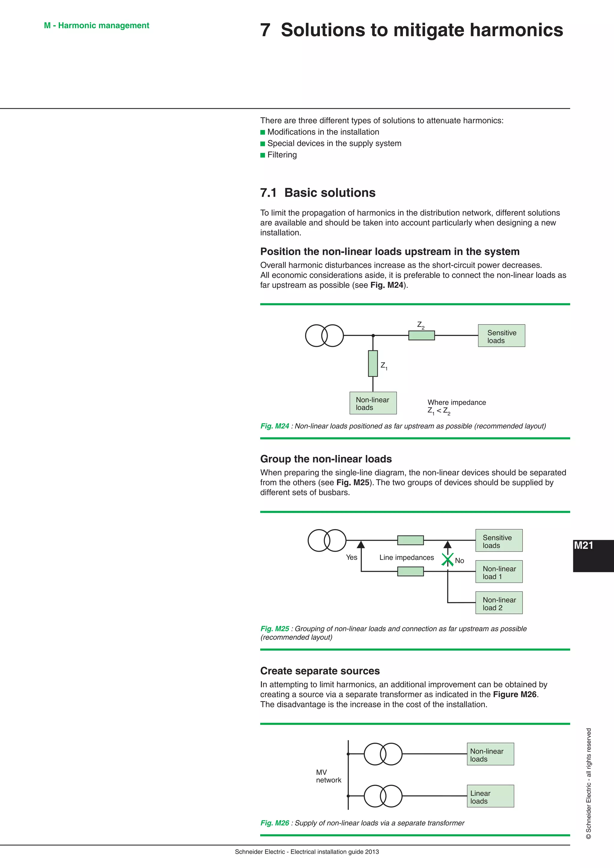 Schneider Electric - Electrical installation guide 2013
M21
©SchneiderElectric-allrightsreserved
7 Solutions to mitigate harmonicsM - Harmonic management
There are three different types of solutions to attenuate harmonics:
b Modiﬁcations in the installation
b Special devices in the supply system
b Filtering
7.1 Basic solutions
To limit the propagation of harmonics in the distribution network, different solutions
are available and should be taken into account particularly when designing a new
installation.
Position the non-linear loads upstream in the system
Overall harmonic disturbances increase as the short-circuit power decreases.
All economic considerations aside, it is preferable to connect the non-linear loads as
far upstream as possible (see Fig. M24).
Group the non-linear loads
When preparing the single-line diagram, the non-linear devices should be separated
from the others (see Fig. M25). The two groups of devices should be supplied by
different sets of busbars.
Fig. M24 : Non-linear loads positioned as far upstream as possible (recommended layout)
Sensitive
loads
Z2
Z1
Non-linear
loads
Where impedance
Z1
< Z2
Create separate sources
In attempting to limit harmonics, an additional improvement can be obtained by
creating a source via a separate transformer as indicated in the Figure M26.
The disadvantage is the increase in the cost of the installation.
Fig. M25 : Grouping of non-linear loads and connection as far upstream as possible
(recommended layout)
Sensitive
loads
Line impedances
Non-linear
load 1
Non-linear
load 2
Yes No
Fig. M26 : Supply of non-linear loads via a separate transformer
Non-linear
loads
Linear
loads
MV
network
 