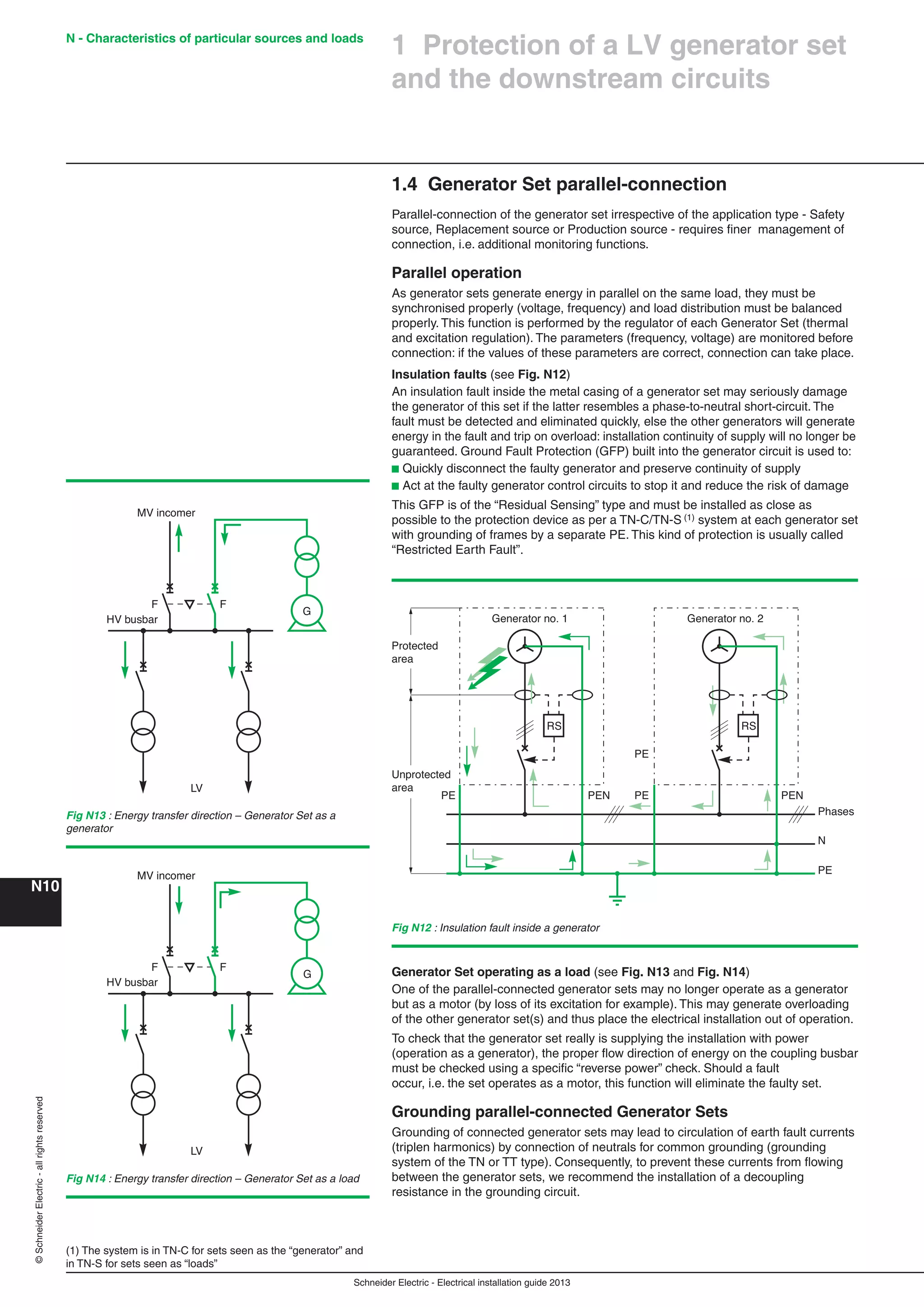 Schneider Electric - Electrical installation guide 2013
N - Characteristics of particular sources and loads
N10
©SchneiderElectric-allrightsreserved
1 Protection of a LV generator set
and the downstream circuits
1.4 Generator Set parallel-connection
Parallel-connection of the generator set irrespective of the application type - Safety
source, Replacement source or Production source - requires ﬁner management of
connection, i.e. additional monitoring functions.
Parallel operation
As generator sets generate energy in parallel on the same load, they must be
synchronised properly (voltage, frequency) and load distribution must be balanced
properly. This function is performed by the regulator of each Generator Set (thermal
and excitation regulation). The parameters (frequency, voltage) are monitored before
connection: if the values of these parameters are correct, connection can take place.
Insulation faults (see Fig. N12)
An insulation fault inside the metal casing of a generator set may seriously damage
the generator of this set if the latter resembles a phase-to-neutral short-circuit. The
fault must be detected and eliminated quickly, else the other generators will generate
energy in the fault and trip on overload: installation continuity of supply will no longer be
guaranteed. Ground Fault Protection (GFP) built into the generator circuit is used to:
b Quickly disconnect the faulty generator and preserve continuity of supply
b Act at the faulty generator control circuits to stop it and reduce the risk of damage
This GFP is of the “Residual Sensing” type and must be installed as close as
possible to the protection device as per a TN-C/TN-S (1) system at each generator set
with grounding of frames by a separate PE. This kind of protection is usually called
“Restricted Earth Fault”.
(1) The system is in TN-C for sets seen as the “generator” and
in TN-S for sets seen as “loads”
Fig N12 : Insulation fault inside a generator
Protected
area
Generator no. 1
Phases
N
PE
PENPEN PE
PE
PE
Generator no. 2
Unprotected
area
RS RS
Generator Set operating as a load (see Fig. N13 and Fig. N14)
One of the parallel-connected generator sets may no longer operate as a generator
but as a motor (by loss of its excitation for example). This may generate overloading
of the other generator set(s) and thus place the electrical installation out of operation.
To check that the generator set really is supplying the installation with power
(operation as a generator), the proper ﬂow direction of energy on the coupling busbar
must be checked using a speciﬁc “reverse power” check. Should a fault
occur, i.e. the set operates as a motor, this function will eliminate the faulty set.
Grounding parallel-connected Generator Sets
Grounding of connected generator sets may lead to circulation of earth fault currents
(triplen harmonics) by connection of neutrals for common grounding (grounding
system of the TN or TT type). Consequently, to prevent these currents from ﬂowing
between the generator sets, we recommend the installation of a decoupling
resistance in the grounding circuit.
G
MV incomer
LV
HV busbar
F F
G
MV incomer
LV
HV busbar
F F
Fig N13 : Energy transfer direction – Generator Set as a
generator
Fig N14 : Energy transfer direction – Generator Set as a load
 