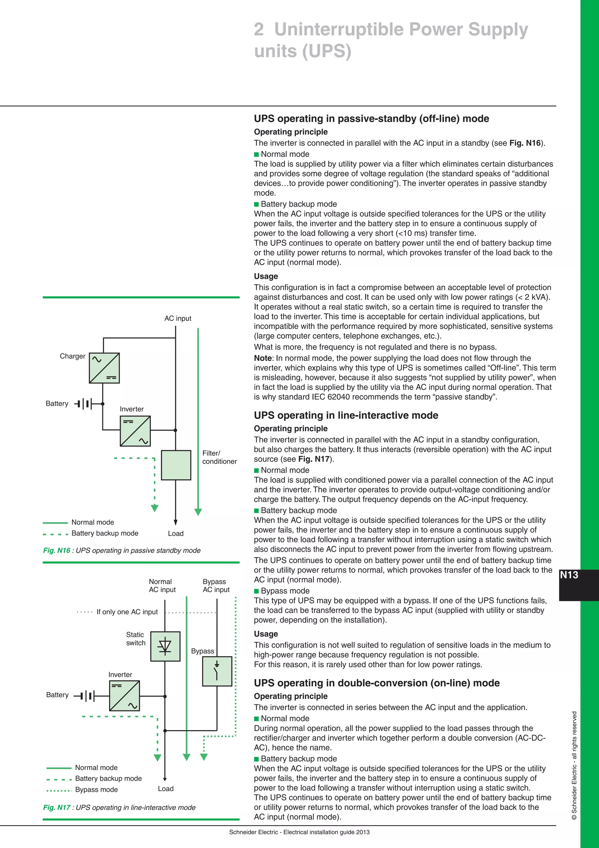 Schneider Electric - Electrical installation guide 2013
N13©SchneiderElectric-allrightsreserved
2 Uninterruptible Power Supply
units (UPS)
UPS operating in passive-standby (off-line) mode
Operating principle
The inverter is connected in parallel with the AC input in a standby (see Fig. N16).
b Normal mode
The load is supplied by utility power via a ﬁlter which eliminates certain disturbances
and provides some degree of voltage regulation (the standard speaks of “additional
devices…to provide power conditioning”). The inverter operates in passive standby
mode.
b Battery backup mode
When the AC input voltage is outside speciﬁed tolerances for the UPS or the utility
power fails, the inverter and the battery step in to ensure a continuous supply of
power to the load following a very short (<10 ms) transfer time.
The UPS continues to operate on battery power until the end of battery backup time
or the utility power returns to normal, which provokes transfer of the load back to the
AC input (normal mode).
Usage
This conﬁguration is in fact a compromise between an acceptable level of protection
against disturbances and cost. It can be used only with low power ratings (< 2 kVA).
It operates without a real static switch, so a certain time is required to transfer the
load to the inverter. This time is acceptable for certain individual applications, but
incompatible with the performance required by more sophisticated, sensitive systems
(large computer centers, telephone exchanges, etc.).
What is more, the frequency is not regulated and there is no bypass.
Note: In normal mode, the power supplying the load does not ﬂow through the
inverter, which explains why this type of UPS is sometimes called “Off-line”. This term
is misleading, however, because it also suggests “not supplied by utility power”, when
in fact the load is supplied by the utility via the AC input during normal operation. That
is why standard IEC 62040 recommends the term “passive standby”.
UPS operating in line-interactive mode
Operating principle
The inverter is connected in parallel with the AC input in a standby conﬁguration,
but also charges the battery. It thus interacts (reversible operation) with the AC input
source (see Fig. N17).
b Normal mode
The load is supplied with conditioned power via a parallel connection of the AC input
and the inverter. The inverter operates to provide output-voltage conditioning and/or
charge the battery. The output frequency depends on the AC-input frequency.
b Battery backup mode
When the AC input voltage is outside speciﬁed tolerances for the UPS or the utility
power fails, the inverter and the battery step in to ensure a continuous supply of
power to the load following a transfer without interruption using a static switch which
also disconnects the AC input to prevent power from the inverter from ﬂowing upstream.
The UPS continues to operate on battery power until the end of battery backup time
or the utility power returns to normal, which provokes transfer of the load back to the
AC input (normal mode).
b Bypass mode
This type of UPS may be equipped with a bypass. If one of the UPS functions fails,
the load can be transferred to the bypass AC input (supplied with utility or standby
power, depending on the installation).
Usage
This conﬁguration is not well suited to regulation of sensitive loads in the medium to
high-power range because frequency regulation is not possible.
For this reason, it is rarely used other than for low power ratings.
UPS operating in double-conversion (on-line) mode
Operating principle
The inverter is connected in series between the AC input and the application.
b Normal mode
During normal operation, all the power supplied to the load passes through the
rectiﬁer/charger and inverter which together perform a double conversion (AC-DC-
AC), hence the name.
b Battery backup mode
When the AC input voltage is outside speciﬁed tolerances for the UPS or the utility
power fails, the inverter and the battery step in to ensure a continuous supply of
power to the load following a transfer without interruption using a static switch.
The UPS continues to operate on battery power until the end of battery backup time
or utility power returns to normal, which provokes transfer of the load back to the
AC input (normal mode).
Normal mode
Battery
Charger
Inverter
AC input
Filter/
conditioner
LoadBattery backup mode
Fig. N17 : UPS operating in line-interactive mode
Fig. N16 : UPS operating in passive standby mode
Normal mode
Battery
If only one AC input
Inverter
Normal
AC input
Bypass
AC input
Bypass
Static
switch
Load
Battery backup mode
Bypass mode
 