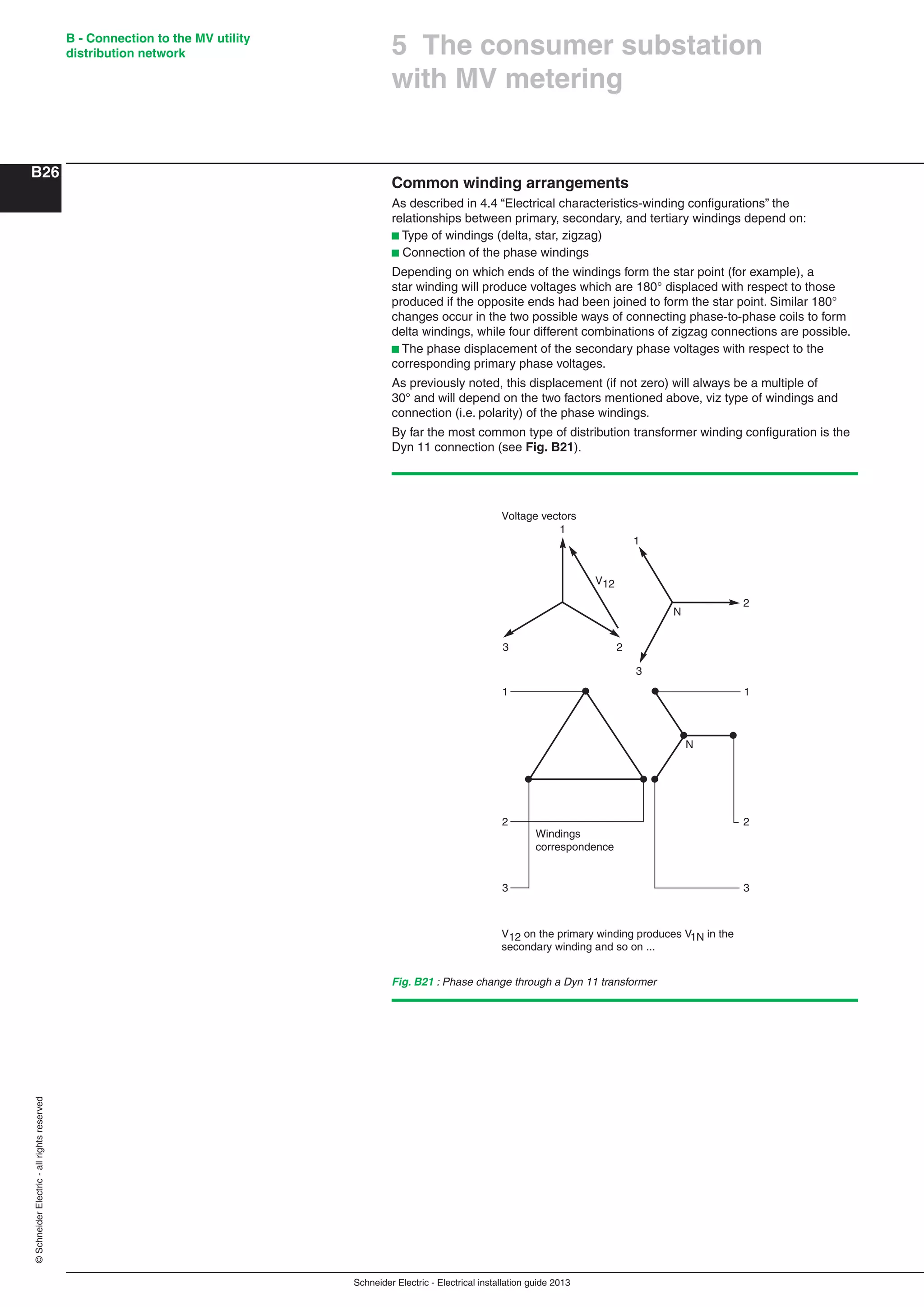 Schneider Electric - Electrical installation guide 2013
B - Connection to the MV utility
distribution network
B26
©SchneiderElectric-allrightsreserved
Common winding arrangements
As described in 4.4 “Electrical characteristics-winding conﬁgurations” the
relationships between primary, secondary, and tertiary windings depend on:
b Type of windings (delta, star, zigzag)
b Connection of the phase windings
Depending on which ends of the windings form the star point (for example), a
star winding will produce voltages which are 180° displaced with respect to those
produced if the opposite ends had been joined to form the star point. Similar 180°
changes occur in the two possible ways of connecting phase-to-phase coils to form
delta windings, while four different combinations of zigzag connections are possible.
b The phase displacement of the secondary phase voltages with respect to the
corresponding primary phase voltages.
As previously noted, this displacement (if not zero) will always be a multiple of
30° and will depend on the two factors mentioned above, viz type of windings and
connection (i.e. polarity) of the phase windings.
By far the most common type of distribution transformer winding conﬁguration is the
Dyn 11 connection (see Fig. B21).
Fig. B21 : Phase change through a Dyn 11 transformer
1
23
V12
1
2
3
N
1
2
3
Voltage vectors
V12 on the primary winding produces V1N in the
secondary winding and so on ...
Windings
correspondence
1
2
3
N
5 The consumer substation
with MV metering
 