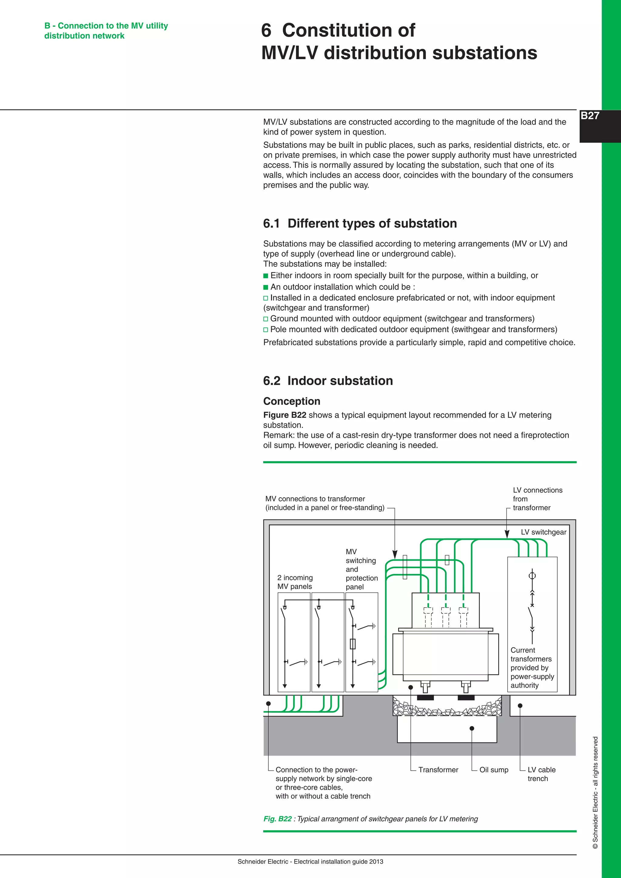 Schneider Electric - Electrical installation guide 2013
B27
©SchneiderElectric-allrightsreserved
MV/LV substations are constructed according to the magnitude of the load and the
kind of power system in question.
Substations may be built in public places, such as parks, residential districts, etc. or
on private premises, in which case the power supply authority must have unrestricted
access. This is normally assured by locating the substation, such that one of its
walls, which includes an access door, coincides with the boundary of the consumers
premises and the public way.
6.1 Different types of substation
Substations may be classiﬁed according to metering arrangements (MV or LV) and
type of supply (overhead line or underground cable).
The substations may be installed:
b Either indoors in room specially built for the purpose, within a building, or
b An outdoor installation which could be :
v Installed in a dedicated enclosure prefabricated or not, with indoor equipment
(switchgear and transformer)
v Ground mounted with outdoor equipment (switchgear and transformers)
v Pole mounted with dedicated outdoor equipment (swithgear and transformers)
Prefabricated substations provide a particularly simple, rapid and competitive choice.
6.2 Indoor substation
Conception
Figure B22 shows a typical equipment layout recommended for a LV metering
substation.
Remark: the use of a cast-resin dry-type transformer does not need a ﬁreprotection
oil sump. However, periodic cleaning is needed.
6 Constitution of
MV/LV distribution substations
Fig. B22 : Typical arrangment of switchgear panels for LV metering
LV switchgear
LV connections
from
transformer
MV connections to transformer
(included in a panel or free-standing)
2 incoming
MV panels
MV
switching
and
protection
panel
Transformer LV cable
trench
Oil sumpConnection to the power-
supply network by single-core
or three-core cables,
with or without a cable trench
Current
transformers
provided by
power-supply
authority
B - Connection to the MV utility
distribution network
 