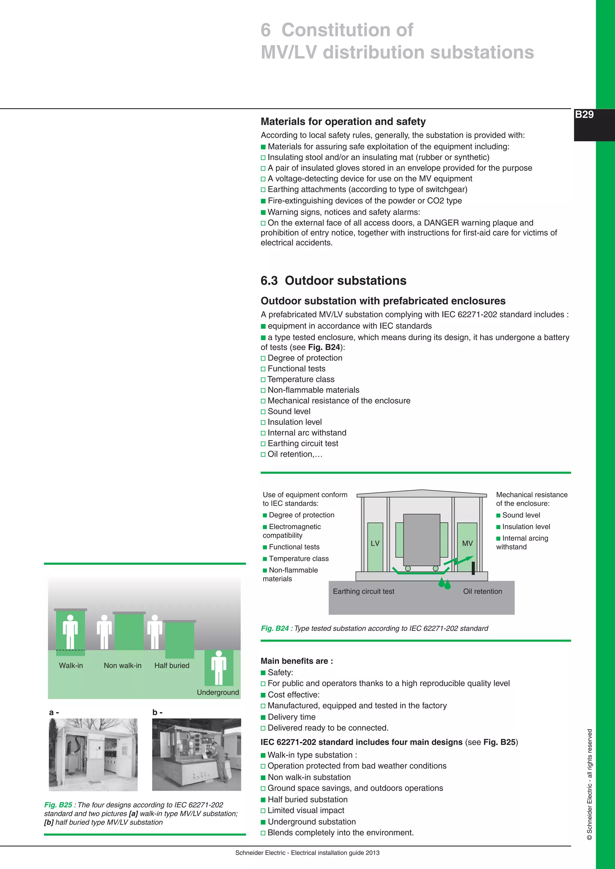 Schneider Electric - Electrical installation guide 2013
B29
©SchneiderElectric-allrightsreserved
Materials for operation and safety
According to local safety rules, generally, the substation is provided with:
b Materials for assuring safe exploitation of the equipment including:
v Insulating stool and/or an insulating mat (rubber or synthetic)
v A pair of insulated gloves stored in an envelope provided for the purpose
v A voltage-detecting device for use on the MV equipment
v Earthing attachments (according to type of switchgear)
b Fire-extinguishing devices of the powder or CO2 type
b Warning signs, notices and safety alarms:
v On the external face of all access doors, a DANGER warning plaque and
prohibition of entry notice, together with instructions for ﬁrst-aid care for victims of
electrical accidents.
6.3 Outdoor substations
Outdoor substation with prefabricated enclosures
A prefabricated MV/LV substation complying with IEC 62271-202 standard includes :
b equipment in accordance with IEC standards
b a type tested enclosure, which means during its design, it has undergone a battery
of tests (see Fig. B24):
v Degree of protection
v Functional tests
v Temperature class
v Non-ﬂammable materials
v Mechanical resistance of the enclosure
v Sound level
v Insulation level
v Internal arc withstand
v Earthing circuit test
v Oil retention,…
Fig. B24 : Type tested substation according to IEC 62271-202 standard
Fig. B25 : The four designs according to IEC 62271-202
standard and two pictures [a] walk-in type MV/LV substation;
[b] half buried type MV/LV substation
6 Constitution of
MV/LV distribution substations
Main beneﬁts are :
b Safety:
v For public and operators thanks to a high reproducible quality level
b Cost effective:
v Manufactured, equipped and tested in the factory
b Delivery time
v Delivered ready to be connected.
IEC 62271-202 standard includes four main designs (see Fig. B25)
b Walk-in type substation :
v Operation protected from bad weather conditions
b Non walk-in substation
v Ground space savings, and outdoors operations
b Half buried substation
v Limited visual impact
b Underground substation
v Blends completely into the environment.
Use of equipment conform
to IEC standards:
b Degree of protection
b Electromagnetic
compatibility
b Functional tests
b Temperature class
b Non-flammable
materials
Mechanical resistance
of the enclosure:
b Sound level
b Insulation level
b Internal arcing
withstandLV
Earthing circuit test Oil retention
MV
Walk-in Non walk-in Half buried
Underground
a - b -
 