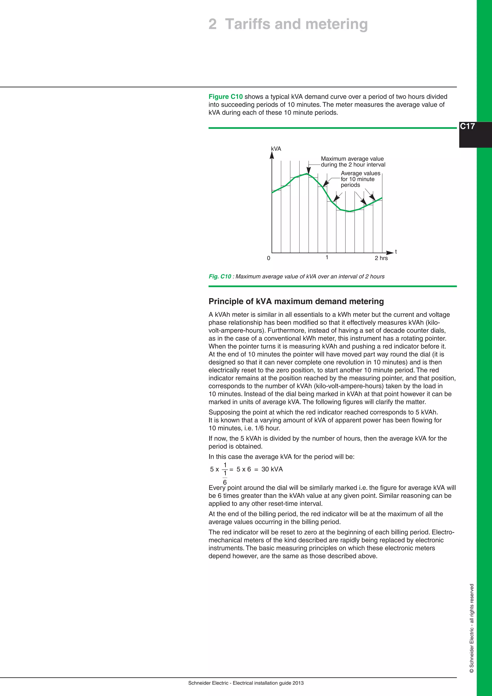 Schneider Electric - Electrical installation guide 2013
C17
©SchneiderElectric-allrightsreserved
2 Tariffs and metering
Figure C10 shows a typical kVA demand curve over a period of two hours divided
into succeeding periods of 10 minutes. The meter measures the average value of
kVA during each of these 10 minute periods.
Fig. C10 : Maximum average value of kVA over an interval of 2 hours
0 1 2 hrs
t
kVA
Maximum average value
during the 2 hour interval
Average values
for 10 minute
periods
Principle of kVA maximum demand metering
A kVAh meter is similar in all essentials to a kWh meter but the current and voltage
phase relationship has been modiﬁed so that it effectively measures kVAh (kilo-
volt-ampere-hours). Furthermore, instead of having a set of decade counter dials,
as in the case of a conventional kWh meter, this instrument has a rotating pointer.
When the pointer turns it is measuring kVAh and pushing a red indicator before it.
At the end of 10 minutes the pointer will have moved part way round the dial (it is
designed so that it can never complete one revolution in 10 minutes) and is then
electrically reset to the zero position, to start another 10 minute period. The red
indicator remains at the position reached by the measuring pointer, and that position,
corresponds to the number of kVAh (kilo-volt-ampere-hours) taken by the load in
10 minutes. Instead of the dial being marked in kVAh at that point however it can be
marked in units of average kVA. The following ﬁgures will clarify the matter.
Supposing the point at which the red indicator reached corresponds to 5 kVAh.
It is known that a varying amount of kVA of apparent power has been ﬂowing for
10 minutes, i.e. 1/6 hour.
If now, the 5 kVAh is divided by the number of hours, then the average kVA for the
period is obtained.
In this case the average kVA for the period will be:
5 x
1
= 5 x 6 = 30 kVA
1
6
Every point around the dial will be similarly marked i.e. the ﬁgure for average kVA will
be 6 times greater than the kVAh value at any given point. Similar reasoning can be
applied to any other reset-time interval.
At the end of the billing period, the red indicator will be at the maximum of all the
average values occurring in the billing period.
The red indicator will be reset to zero at the beginning of each billing period. Electro-
mechanical meters of the kind described are rapidly being replaced by electronic
instruments. The basic measuring principles on which these electronic meters
depend however, are the same as those described above.
 