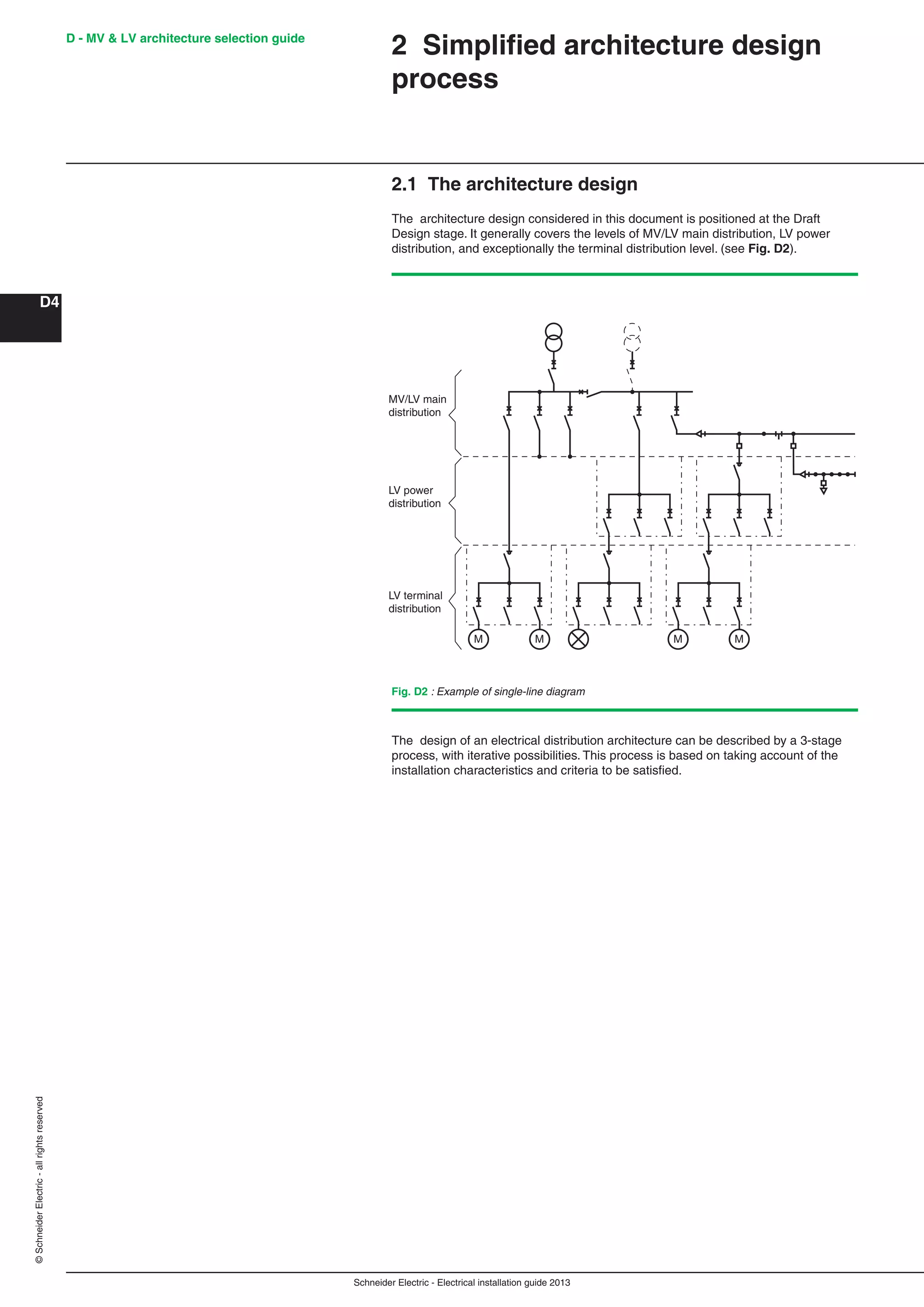 Schneider Electric - Electrical installation guide 2013
D - MV & LV architecture selection guide
D4
©SchneiderElectric-allrightsreserved
2 Simpliﬁed architecture design
process
2.1 The architecture design
The architecture design considered in this document is positioned at the Draft
Design stage. It generally covers the levels of MV/LV main distribution, LV power
distribution, and exceptionally the terminal distribution level. (see Fig. D2).
The design of an electrical distribution architecture can be described by a 3-stage
process, with iterative possibilities. This process is based on taking account of the
installation characteristics and criteria to be satisﬁed.
MV/LV main
distribution
LV power
distribution
LV terminal
distribution
M M M M
Fig. D2 : Example of single-line diagram
 