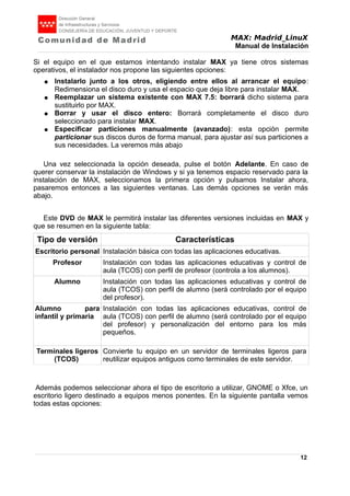 MAX: Madrid_LinuX
Manual de Instalación
Si el equipo en el que estamos intentando instalar MAX ya tiene otros sistemas
operativos, el instalador nos propone las siguientes opciones:
● Instalarlo junto a los otros, eligiendo entre ellos al arrancar el equipo:
Redimensiona el disco duro y usa el espacio que deja libre para instalar MAX.
● Reemplazar un sistema existente con MAX 7.5: borrará dicho sistema para
sustituirlo por MAX.
● Borrar y usar el disco entero: Borrará completamente el disco duro
seleccionado para instalar MAX.
● Especificar particiones manualmente (avanzado): esta opción permite
particionar sus discos duros de forma manual, para ajustar así sus particiones a
sus necesidades. La veremos más abajo
Una vez seleccionada la opción deseada, pulse el botón Adelante. En caso de
querer conservar la instalación de Windows y si ya tenemos espacio reservado para la
instalación de MAX, seleccionamos la primera opción y pulsamos Instalar ahora,
pasaremos entonces a las siguientes ventanas. Las demás opciones se verán más
abajo.
Este DVD de MAX le permitirá instalar las diferentes versiones incluidas en MAX y
que se resumen en la siguiente tabla:
Tipo de versión Características
Escritorio personal Instalación básica con todas las aplicaciones educativas.
Profesor Instalación con todas las aplicaciones educativas y control de
aula (TCOS) con perfil de profesor (controla a los alumnos).
Alumno Instalación con todas las aplicaciones educativas y control de
aula (TCOS) con perfil de alumno (será controlado por el equipo
del profesor).
Alumno para
infantil y primaria
Instalación con todas las aplicaciones educativas, control de
aula (TCOS) con perfil de alumno (será controlado por el equipo
del profesor) y personalización del entorno para los más
pequeños.
Terminales ligeros
(TCOS)
Convierte tu equipo en un servidor de terminales ligeros para
reutilizar equipos antiguos como terminales de este servidor.
Además podemos seleccionar ahora el tipo de escritorio a utilizar, GNOME o Xfce, un
escritorio ligero destinado a equipos menos ponentes. En la siguiente pantalla vemos
todas estas opciones:
12
 
