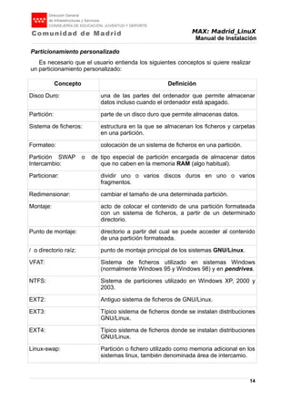 MAX: Madrid_LinuX
Manual de Instalación
Particionamiento personalizado
Es necesario que el usuario entienda los siguientes conceptos si quiere realizar
un particionamiento personalizado:
Concepto Definición
Disco Duro: una de las partes del ordenador que permite almacenar
datos incluso cuando el ordenador está apagado.
Partición: parte de un disco duro que permite almacenas datos.
Sistema de ficheros: estructura en la que se almacenan los ficheros y carpetas
en una partición.
Formateo: colocación de un sistema de ficheros en una partición.
Partición SWAP o de
Intercambio:
tipo especial de partición encargada de almacenar datos
que no caben en la memoria RAM (algo habitual).
Particionar: dividir uno o varios discos duros en uno o varios
fragmentos.
Redimensionar: cambiar el tamaño de una determinada partición.
Montaje: acto de colocar el contenido de una partición formateada
con un sistema de ficheros, a partir de un determinado
directorio.
Punto de montaje: directorio a partir del cual se puede acceder al contenido
de una partición formateada.
/ o directorio raíz: punto de montaje principal de los sistemas GNU/Linux.
VFAT: Sistema de ficheros utilizado en sistemas Windows
(normalmente Windows 95 y Windows 98) y en pendrives.
NTFS: Sistema de particiones utilizado en Windows XP, 2000 y
2003.
EXT2: Antiguo sistema de ficheros de GNU/Linux.
EXT3: Típico sistema de ficheros donde se instalan distribuciones
GNU/Linux.
EXT4: Típico sistema de ficheros donde se instalan distribuciones
GNU/Linux.
Linux-swap: Partición o fichero utilizado como memoria adicional en los
sistemas linux, también denominada área de intercamio.
14
 