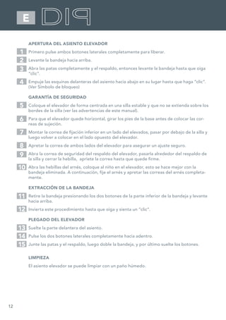 12
E
APERTURA DEL ASIENTO ELEVADOR
Primero pulse ambos botones laterales completamente para liberar.
Levante la bandeja hacia arriba.
Abra las patas completamente y el respaldo, entonces levante la bandeja hasta que oiga
“clic”.
Empuje las esquinas delanteras del asiento hacia abajo en su lugar hasta que haga “clic”.
(Ver Símbolo de bloqueo)
GARANTÍA DE SEGURIDAD
Coloque el elevador de forma centrada en una silla estable y que no se extienda sobre los
bordes de la silla (ver las advertencias de este manual).
Para que el elevador quede horizontal, girar los pies de la base antes de colocar las cor-
reas de sujeción.
Montar la correa de fijación inferior en un lado del elevados, pasar por debajo de la silla y
luego volver a colocar en el lado opuesto del elevador.
Apretar la correa de ambos lados del elevador para asegurar un ajuste seguro.
Abra la correa de seguridad del respaldo del elevador, pasarla alrededor del respaldo de
la silla y cerrar la hebilla, apriete la correa hasta que quede firme.
Abra las hebillas del arnés, coloque al niño en el elevador, esto se hace mejor con la
bandeja eliminada. A continuación, fije el arnés y apretar las correas del arnés completa-
mente.
EXTRACCIÓN DE LA BANDEJA
Retire la bandeja presionando los dos botones de la parte inferior de la bandeja y levante
hacia arriba.
Invierta este procedimiento hasta que oiga y sienta un “clic”.
PLEGADO DEL ELEVADOR
Suelte la parte delantera del asiento.
Pulse los dos botones laterales completamente hacia adentro.
Junte las patas y el respaldo, luego doble la bandeja, y por último suelte los botones.
LIMPIEZA
El asiento elevador se puede limpiar con un paño húmedo.
1
5
2
7
3
6
4
8
9
10
11
12
13
14
15
 