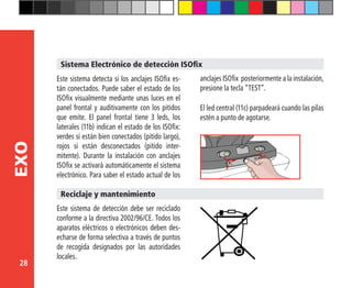 28
EXO
Sistema Electrónico de detección ISOfix
Este sistema detecta si los anclajes ISOfix es-
tán conectados. Puede saber el estado de los
ISOfix visualmente mediante unas luces en el
panel frontal y auditivamente con los pitidos
que emite. El panel frontal tiene 3 leds, los
laterales (11b) indican el estado de los ISOfix:
verdes si están bien conectados (pitido largo),
rojos si están desconectados (pitido inter-
mitente). Durante la instalación con anclajes
ISOfix se activará automáticamente el sistema
electrónico. Para saber el estado actual de los
Este sistema de detección debe ser reciclado
conforme a la directiva 2002/96/CE. Todos los
aparatos eléctricos o electrónicos deben des-
echarse de forma selectiva a través de puntos
de recogida designados por las autoridades
locales.
Reciclaje y mantenimiento
El led central (11c) parpadeará cuando las pilas
estén a punto de agotarse.
anclajes ISOfix posteriormente a la instalación,
presione la tecla “TEST”.
 