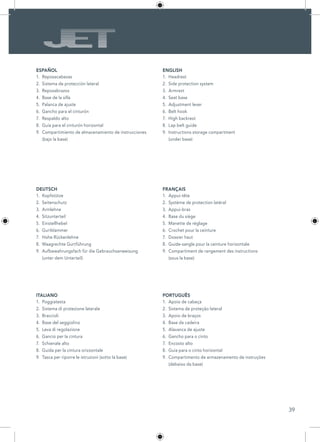 39
ESPAÑOL ENGLISH
DEUTSCH
ITALIANO PORTUGUÊS
FRANÇAIS
Reposacabezas1.	
Sistema de protección lateral2.	
Reposabrazos3.	
Base de la silla4.	
Palanca de ajuste5.	
Gancho para el cinturón6.	
Respaldo alto7.	
Guía para el cinturón horizontal8.	
Compartimiento de almacenamiento de instrucciones9.	
(bajo la base)
Headrest1.	
Side protection system2.	
Armrest3.	
Seat base4.	
Adjustment lever5.	
Belt hook6.	
High backrest7.	
Lap belt guide8.	
Instructions storage compartment9.	
(under base)
Kopfstütze1.	
Seitenschutz2.	
Armlehne3.	
Sitzunterteil4.	
Einstellhebel5.	
Gurtklammer6.	
Hohe Rückenlehne7.	
Waagrechte Gurtführung8.	
Aufbewahrungsfach für die Gebrauchsanweisung9.	
(unter dem Unterteil)
Poggiatesta1.	
Sistema di protezione laterale2.	
Braccioli3.	
Base del seggiolino4.	
Leva di regolazione5.	
Gancio per la cintura6.	
Schienale alto7.	
Guida per la cintura orizzontale8.	
Tasca per riporre le istruzioni (sotto la base)9.	
Apoio de cabeça1.	
Sistema de proteção lateral2.	
Apoio de braços3.	
Base da cadeira4.	
Alavanca de ajuste5.	
Gancho para o cinto6.	
Encosto alto7.	
Guia para o cinto horizontal8.	
Compartimento de armazenamento de instruções9.	
(debaixo da base)
	Appui-tête1.	
Système de protection latéral2.	
Appui-bras3.	
Base du siège4.	
Manette de réglage5.	
Crochet pour la ceinture6.	
Dossier haut7.	
Guide-sangle pour la ceinture horizontale8.	
Compartiment de rangement des instructions9.	
(sous la base)
 
