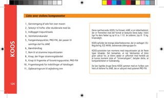 124
KOOS
Deres nyerhvervede, KOOS, fra firmaet, JANÉ, er en sikkerhedsstol,
der er fremstillet med det formål at beskytte Deres baby i bilen
lige fra dens fødsel og op til ca. 1 1/2 års alderen, (op til 13 kg.
kropsvægt).
KOOS opfylder de strenge sikkerhedsnormer, der er vedtaget i EU-
Regulering, ECE 44/04, vedrørende aldersgruppe 0+.
KOOS-autostolen kan monteres med trepunktsseler på de fleste
typer bilsæder. Det bemærkes, at når fabrikanten af bilen
giver udtryk for, at bilens sæder er udformet med henblik på
at kunne montere stole af “Universaltypen”, betyder dette, at
kompatibiliteten er fuldstændig.
De kan ligeldes bruge Deres KOOS sammen med en hvilken som
helst af stellene fra JANÉ, der er udstyret med systemet PRO-FIX.
Liste over stolens komponenter
Gennemgang af sele hen over maven
Selestyr til hofte- eller skuldersele med lås
Indbygget trepunktssele
Ventilationskanaler
Fastgørelsespunkter, PRO-FIX, der passer til
samtlige stel fra JANÉ
Bærehåndtag
Rem til at stramme trepunktsselen
Knap, der frigør stramningsbåndet
Knap til frigørelse af forankringspunkter, PRO-FIX
Frigørelsesgreb for indstillinger af håndtaget
Opbevaringsrum til vejledning mm
1_
2_
3_
4_
5_
6_
7_
8_
9_
10_
11_
 