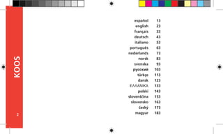 2
KOOS 13
23
33
43
53
63
73
83
93
103
113
123
133
143
153
163
173
183
español
english
français
deutsch
italiano
português
nederlands
norsk
svenska
pусский
türkçe
dansk
ΕΛΛΑNIKΑ
polski
slovenščina
slovensko
český
magyar
 