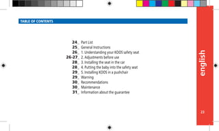 english
23
TABLE OF CONTENTS
Part List
General Instructions
1. Understanding your KOOS safety seat
2. Adjustments before use
3. Installing the seat in the car
4. Putting the baby into the safety seat
5. Installing KOOS in a pushchair
Warning
Recommendations
Maintenance
Information about the guarantee
24_
25_
26_
26-27_
28_
28_
29_
29_
30_
30_
31_
 
