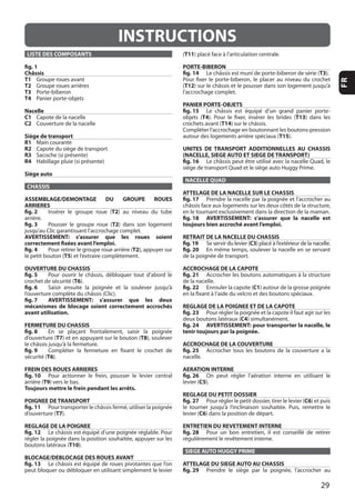29
FR
INSTRUCTIONS
LISTE DES COMPOSANTS
fig. 1
Châssis
T1
T2
T3
T4
Nacelle
C1
C2
Siège de transport
R1
R2
R3
R4
Siège auto
CHASSIS
ASSEMBLAGE/DEMONTAGE DU GROUPE ROUES
ARRIERES
fig. 2 T2
fig. 3 T2
AVERTISSEMENT: s’assurer que les roues soient
correctement fixées avant l’emploi.
fig. 4 T2
T5
OUVERTURE DU CHASSIS
fig. 5
T6
fig. 6
fig. 7 AVERTISSEMENT: s’assurer que les deux
mécanismes de blocage soient correctement accrochés
avant utilisation.
FERMETURE DU CHASSIS
fig. 8
d’ouverture (T7 T8
fig. 9
T6
FREIN DES ROUES ARRIERES
fig. 10
T9
Toujours mettre le frein pendant les arrêts.
POIGNEE DE TRANSPORT
fig. 11
d’ouverture (T7
REGLAGE DE LA POIGNEE
fig. 12
T10
BLOCAGE/DEBLOCAGE DES ROUES AVANT
fig. 13
(T11
PORTE-BIBERON
fig. 14 T3
(T12
PANIER PORTE-OBJETS
fig. 15
T4 T13
T14
T15
UNITES DE TRANSPORT ADDITIONNELLES AU CHASSIS
(NACELLE, SIEGE AUTO ET SIEGE DE TRANSPORT)
fig. 16
NACELLE QUAD
ATTELAGE DE LA NACELLE SUR LE CHASSIS
fig. 17
fig. 18 AVERTISSEMENT: s’assurer que la nacelle est
toujours bien accroché avant l’emploi.
RETRAIT DE LA NACELLE DU CHASSIS
fig. 19 Se servir du levier (C3
fig. 20
ACCROCHAGE DE LA CAPOTE
fig. 21
fig. 22 C1
REGLAGE DE LA POIGNEE ET DE LA CAPOTE
fig. 23
C4
fig. 24 AVERTISSEMENT: pour transporter la nacelle, le
tenir toujours par la poignée.
ACCROCHAGE DE LA COUVERTURE
fig. 25
AERATION INTERNE
fig. 26
levier (C5
REGLAGE DU PETIT DOSSIER
fig. 27 C6
levier (C6
ENTRETIEN DU REVETEMENT INTERNE
fig. 28
SIEGE AUTO HUGGY PRIME
ATTELAGE DU SIEGE AUTO AU CHASSIS
fig. 29
 