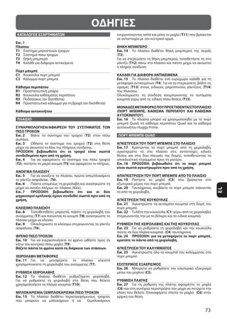 73
EL
ΟΔΗΓΙΕΣ
ΚΑΤΑΛΟΓΟΣ ΕΞΑΡΤΗΜΑΤΩΝ
Εικ. 1
Πλαίσιο
T1
T2
T3
T4
Πορτ μπεμπέ
C1
C2
Κάθισμα περιπάτου
R1
R2
R3
R4
Κάθισμα αυτοκινήτου
ΠΛΑΙΣΙΟ
ΣΥΝΑΡΜΟΛΟΓΗΣΗ/ΑΦΑΙΡΕΣΗ ΤΟΥ ΣΥΣΤΗΜΑΤΟΣ ΤΩΝ
ΠΙΣΩ ΤΡΟΧΩΝ
Εικ. 2 T2
Εικ. 3 T2
ΠΡΟΣΟΧΗ: βεβαιωθείτε ότι οι τροχοί είναι σωστά
συνδεδεμένοι πριν από τη χρήση.
Εικ. 4
(T2 T5
ΑΝΟΙΓΜΑ ΠΛΑΙΣΙΟΥ
Εικ. 5
T6
Εικ. 6
Εικ. 7 ΠΡΟΣΟΧΗ: βεβαιωθείτε ότι και οι δύο
μηχανισμοί εμπλοκής έχουν συνδεθεί σωστά πριν από τη
χρήση.
ΚΛΕΙΣΙΜΟ ΠΛΑΙΣΙΟΥ
Εικ. 8
Τ7 Τ8
Εικ. 9
Τ6
ΦΡΕΝΟ ΠΙΣΩ ΤΡΟΧΩΝ
Εικ. 10
T9
Βάζετε πάντα το φρένο κατά τη διάρκεια των στάσεων.
ΧΕΙΡΟΛΑΒΗ ΜΕΤΑΦΟΡΑΣ
Εικ. 11
T7
ΡΥΘΜΙΣΗ ΧΕΙΡΟΛΑΒΗΣ
Εικ. 12
T10
ΜΠΛΟΚΑΡΙΣΜΑ/ΞΕΜΠΛΟΚΑΡΙΣΜΑ ΠΙΣΩ ΤΡΟΧΩΝ
Εικ. 13
T11
ΘΗΚΗ ΜΠΙΜΠΕΡΟ
Εικ. 14
(T3
T12
ΚΑΛΑΘΙ ΓΙΑ ΔΙΑΦΟΡΑ ΑΝΤΙΚΕΙΜΕΝΑ
Εικ. 15
T4
T13 T14
T15
ΜΟΝΑΔΕΣΜΕΤΑΦΟΡΑΣΠΟΥΠΡΟΣΤΙΘΕΝΤΑΙΣΤΟΠΛΑΙΣΙΟ
(ΠΟΡΤ ΜΠΕΜΠΕ, ΚΑΘΙΣΜΑ ΠΕΡΙΠΑΤΟΥ ΚΑΙ ΚΑΘΙΣΜΑ
ΑΥΤΟΚΙΝΗΤΟΥ)
Εικ. 16
ΠΟΡΤ ΜΠΕΜΠΕ QUAD
ΑΓΚΙΣΤΡΩΣΗ ΤΟΥ ΠΟΡΤ ΜΠΕΜΠΕ ΣΤΟ ΠΛΑΙΣΙΟ
Εικ. 17
Εικ. 18 ΠΡΟΣΟΧΗ: βεβαιωθείτε ότι το πορτ μπεμπέ
είναι σωστά αγκιστρωμένο πριν από τη χρήση.
ΑΠΑΓΚΙΣΤΡΩΣΗ ΤΟΥ ΠΟΡΤ ΜΠΕΜΠΕ ΑΠΟ ΤΟ ΠΛΑΙΣΙΟ
Εικ. 19 C3
Εικ. 20
ΑΓΚΙΣΤΡΩΣΗ ΤΗΣ ΚΟΥΚΟΥΛΑΣ
Εικ. 21
Εικ. 22 C1
ΡΥΘΜΙΣΗ ΤΗΣ ΧΕΙΡΟΛΑΒΗΣ ΚΑΙ ΤΗΣ ΚΟΥΚΟΥΛΑΣ
Εικ. 23
C4
Εικ. 24 ΠΡΟΣΟΧΗ: για να μεταφέρετε το πορτ μπεμπέ,
κρατάτε το πάντα από τη χειρολαβή.
ΑΓΚΙΣΤΡΩΣΗ ΤΟΥ ΚΑΛΥΜΜΑΤΟΣ
Εικ. 25
ΕΣΩΤΕΡΙΚΟΣ ΕΞΑΕΡΙΣΜΟΣ
Εικ. 26
C5
ΡΥΘΜΙΣΗ ΠΛΑΤΗΣ
Εικ. 27
(C6
C6
 