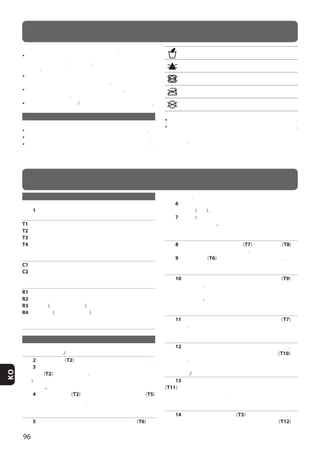 96
KO
제거하기 위해 조심스럽게 닦아주시기 바랍니다.
• 플라스틱과 금속 부품 부분은 젖은 천 혹은 가벼운 세제를 이용해
닦아 주시기 바랍니다. 강한 용제, 암모니아 혹은 석유는 사용을
금합니다.
• 녹스는 것을 방지하기 위해 물이나 습기에 제품이 닿았을 경우
금속 부분을 모두 건조시켜 주시기 바랍니다.
• 움직이는 부속의 모든 부분을 청결히 해 주시고, 필요시 경유로
윤활제를 발라 주십시오.
• 바퀴에 묻어 있는 먼지와/혹은 모래를 닦아내 주시기 바랍니다.
유모차 직물 세탁 시 팁
• 내부 시트는 다른 직물과는 따로 세탁을 할 것을 권장합니다.
• 정기적으로 유모차 직물 부분을 부드러운 솔로 닦아 주십시오.
• 시트의 라벨 설명에 따른 방법으로 세탁을 해 주시기 바랍니다.
찬 물에 손세탁 하십시오
탈색제를 사용하지 마십시오
세탁기의 건조기능을 사용하지 마십시오
다림질을 하지 마십시오
드라이클리닝을 하지 마십시오
• 완전히 건조된 상태에서 내부 시트를 사용하거나 보관하십시오.
• 곰팡이의 형성을 방지하려면 정기적으로 요람을 환기합니다.
특별히 구조물에서 커버 섬유를 분리하고 마른 천으로 깊이
닦으십시오.
주의
부속품 내역
그림 1
프레임
T1 앞 바퀴 그룹
T2 뒷 바퀴 그룹
T3 컵홀더
T4 장바구니
요람
C1 요람 후드
C2 요람 덮개
운반 시트
R1 안전대
R2 운반 시트 후드
R3 발커버 (만일 소개 된다면)
R4 레인커버 (만일 소개 된다면)
카시트
프레임
뒷 바퀴 그룹의 조립/제거
그림 2 그룹 바퀴 (T2) 를 뒷 관에 일치하는 곳에 삽입합니다.
그림 3 연결을 완전히 하려면 클릭소리가 날 때까지 그 자리에
그룹 바퀴 (T2) 를 밀어넣습니다.
주의: 사용하기 전에 바퀴들이 올바르게 고정 되었는지
확인합니다.
그림 4 뒷 바퀴 그룹 (T2) 를 제거하기 위해서 작은 단추 (T5)
를 누르고 완전하게 빼어냅니다.
프레임 펼치기
그림 5 프레임을 열기 위해서 먼저 안전 고리 (T6) 를
풀어놓습니다.
그림 6 손잡이를 움켜지고 프레임이 완전히 개방될 때까지
위로 올립니다 (클릭).
그림 7 주의: 사용 전에 모든 잠금 메카니즘이 올바르게
연결되었는지 확인합니다.
프레임 접기
그림 8 앞에 위치한 개방된 손잡이 (T7) 를 잡고 단추 (T8) 를
누르면서 잠길 때까지 프레임을 올립니다.
그림 9 안전 고리 (T6) 를 고정하여 잠김을 완료합니다.
뒷바퀴 브레이크
그림 10 브레이크를 작동하기 위해서는 뒷 중앙 레버 (T9) 를
아래로 밀어냅니다.
아이의 안전을 위해 유모차가 멈춰 있을 때는 항상 브레이크를
작동시켜 주십시오.
유모차 운반 시
그림 11 잠긴 프레임을 운반하기 위해서 개방 손잡이 (T7) 를
사용합니다.
손잡이 조절
그림 12 프레임은 조절할 수 있는 손잡이가 장착되었습니다.
원하는 위치에 손잡이를 조절하기 위해서 측면 단추 (T10) 를
작동합니다.
앞바퀴 잠금/해제 장치
그림 13 프레임은 중앙 접합 부분에 일치하는 위치한 레버
(T11) 를 단순하게 작동시키면서 잠금이나 해제를 할 수 있는
급회전 바퀴를 갖추고 있습니다.
컵홀더
그림 14 프레임은 컵홀더 시리즈 (T3) 을 갖추고 있습니다.
우유병 홀더를 고정하기 위해서는 프레임에 있는 연결 (T12) 에
설명서
 
